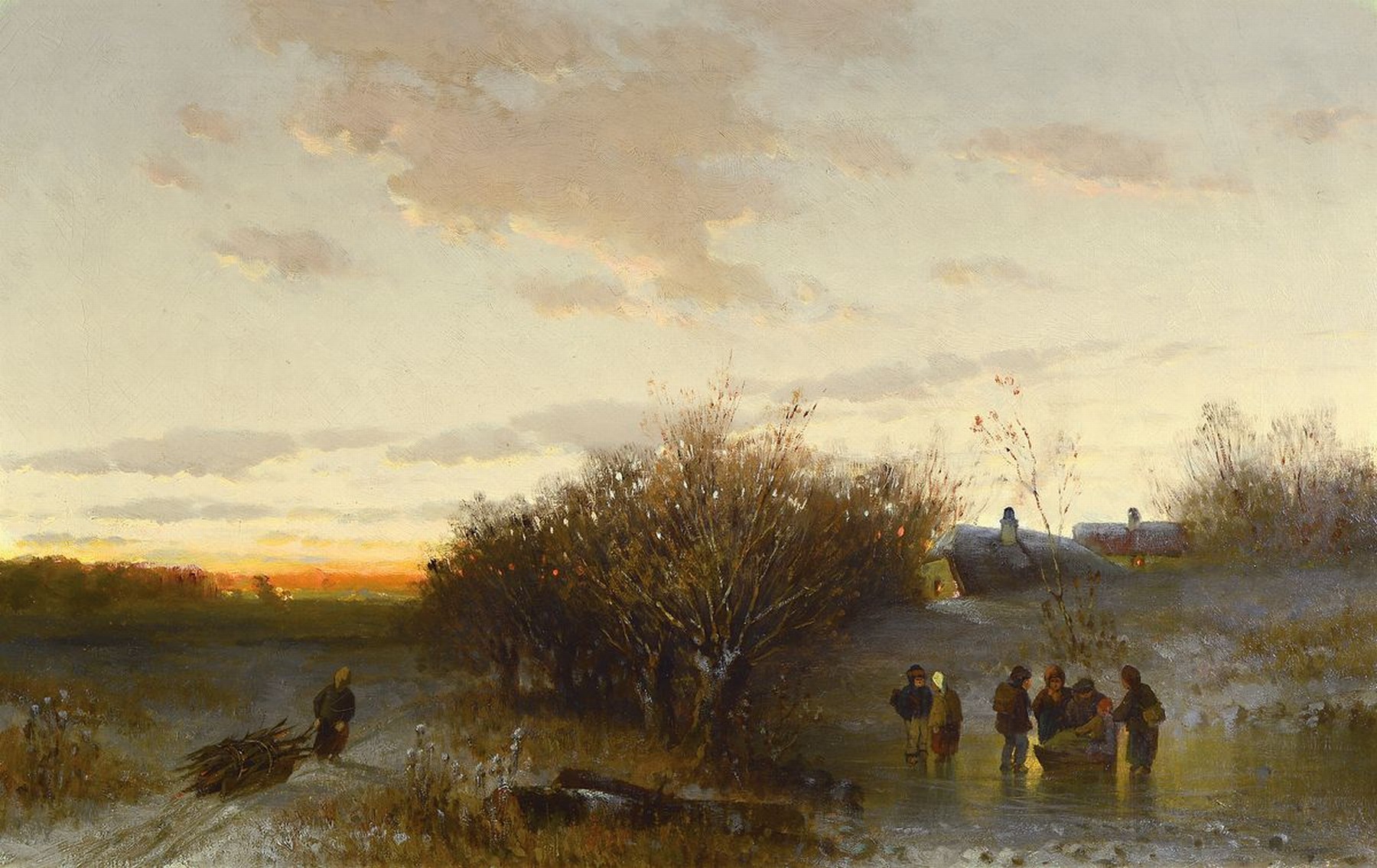 Adolf Stademann, 1824 - München 1895, norddeutsche Winterlandschaft mit spielenden Kindern auf einem zugefrorenen Teich und einer Holzsammlerin, ...