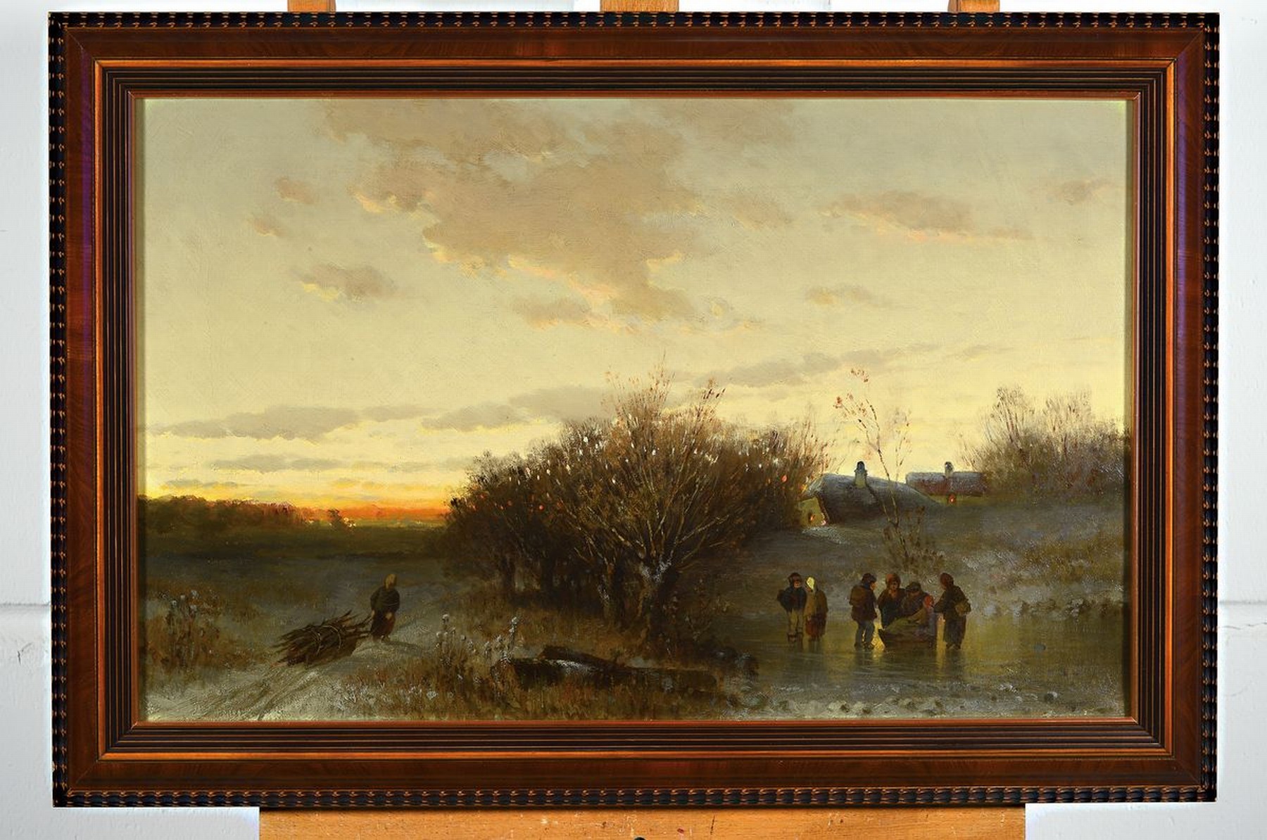 Detail k: Adolf Stademann, 1824 - München 1895, norddeutsche Winterlandschaft mit spielenden Kindern auf einem zugefrorenen Teich und einer Holzsammlerin, ...