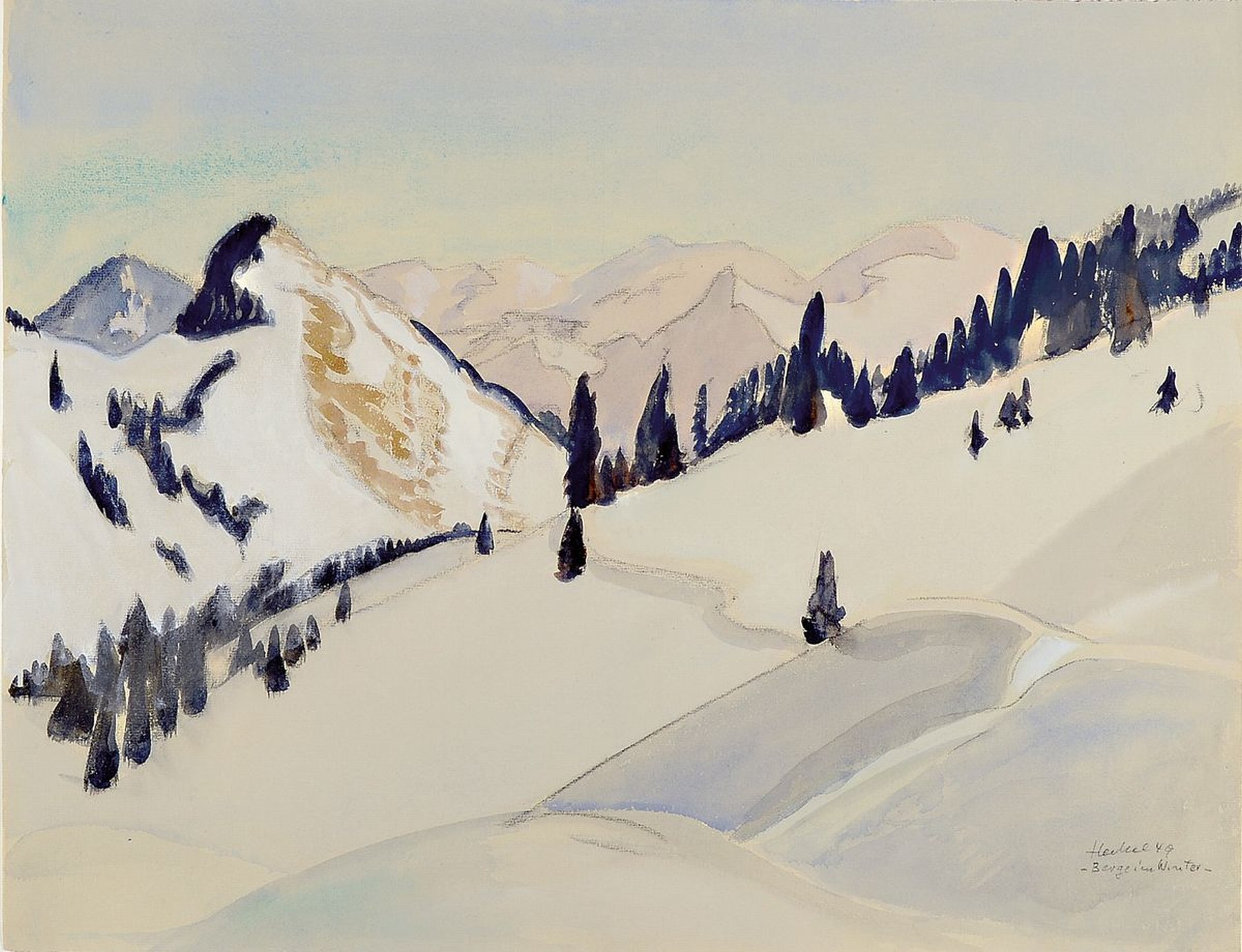 Erich Heckel, 1883 - 1970, "Berge im Winter", Aquarell/Bleistift auf Papier, Blattgr. 48.6 x 63 cm, re. u. handsigniert und dat. (19)49, ...