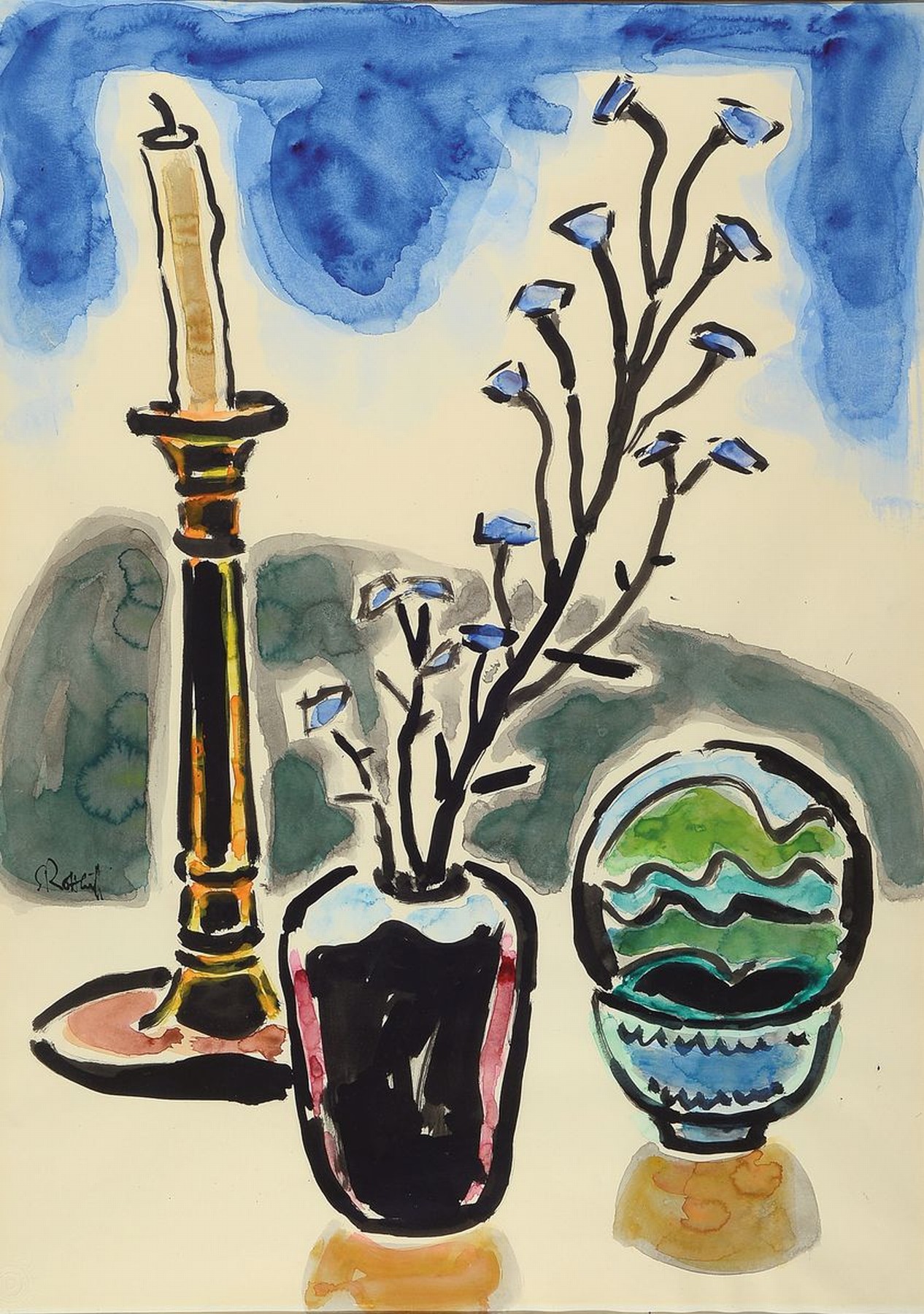Karl Schmidt-Rottluff, 1884 - 1976, "Stillleben mit Kerzenleuchter", Aquarell und Tusche auf Schoeller Papier (mit Trockenstempel), ...