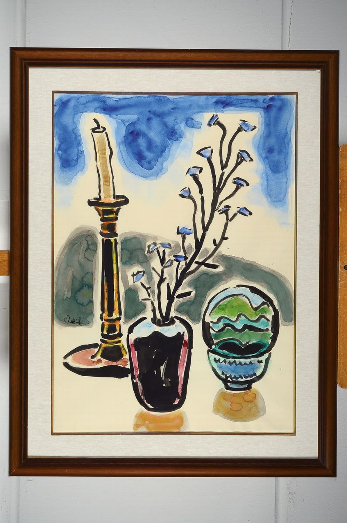 Detail k: Karl Schmidt-Rottluff, 1884 - 1976, "Stillleben mit Kerzenleuchter", Aquarell und Tusche auf Schoeller Papier (mit Trockenstempel), ...