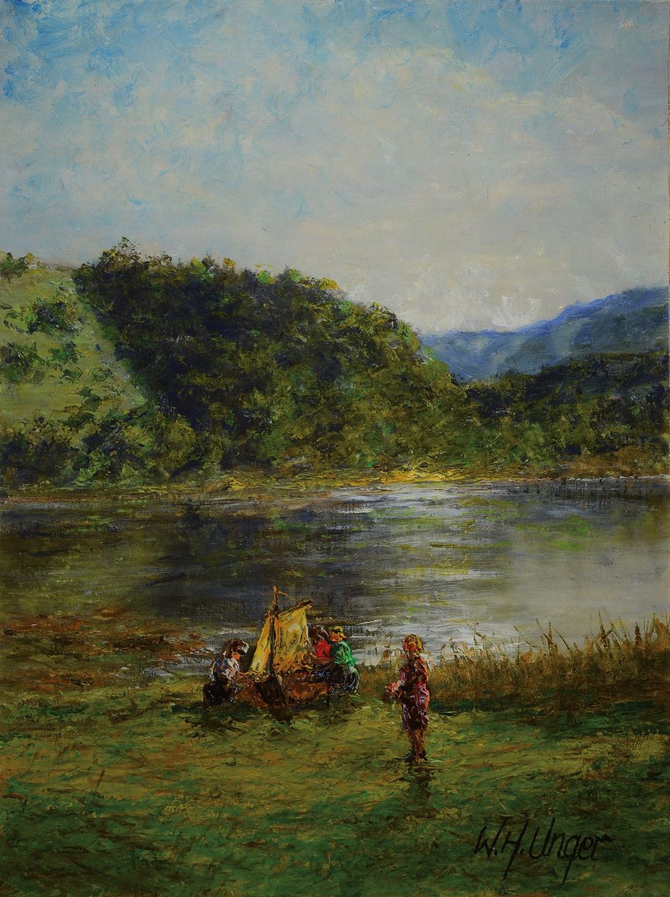 Wolfang Heinz Unger, geb. 1929 Halle, spielende Kinder am See, Öl/Platte, rückseitig bezeichnet und nochmals signiert, signiert, 80 x 60 cm, l. ...