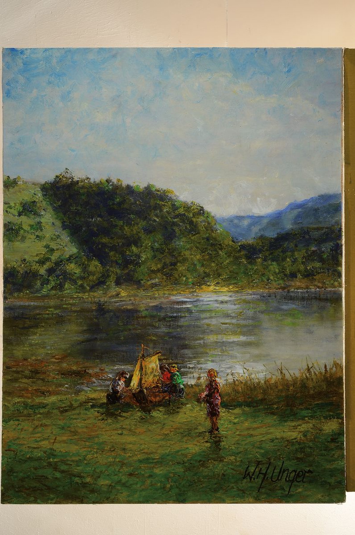 Detail k: Wolfang Heinz Unger, geb. 1929 Halle, spielende Kinder am See, Öl/Platte, rückseitig bezeichnet und nochmals signiert, signiert, 80 x 60 cm, l. ...