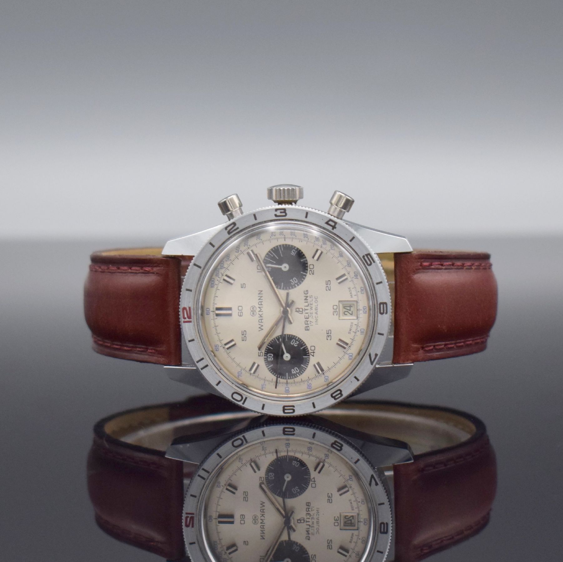 WAKMANN / BREITLING seltene & interessante Herrenarmbanduhr mit Chronograph, Schweiz f. den US-Markt 1960er Jahre, Handaufzug, in dieser ...