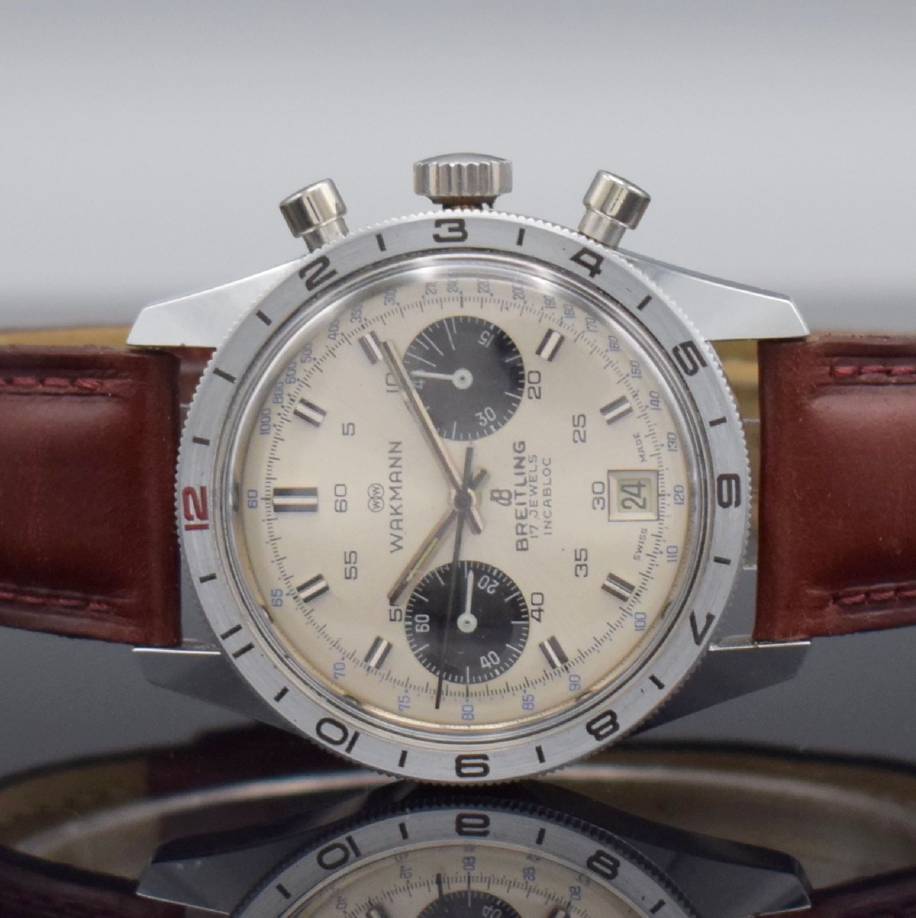 Detail a: WAKMANN / BREITLING seltene & interessante Herrenarmbanduhr mit Chronograph, Schweiz f. den US-Markt 1960er Jahre, Handaufzug, in dieser ...