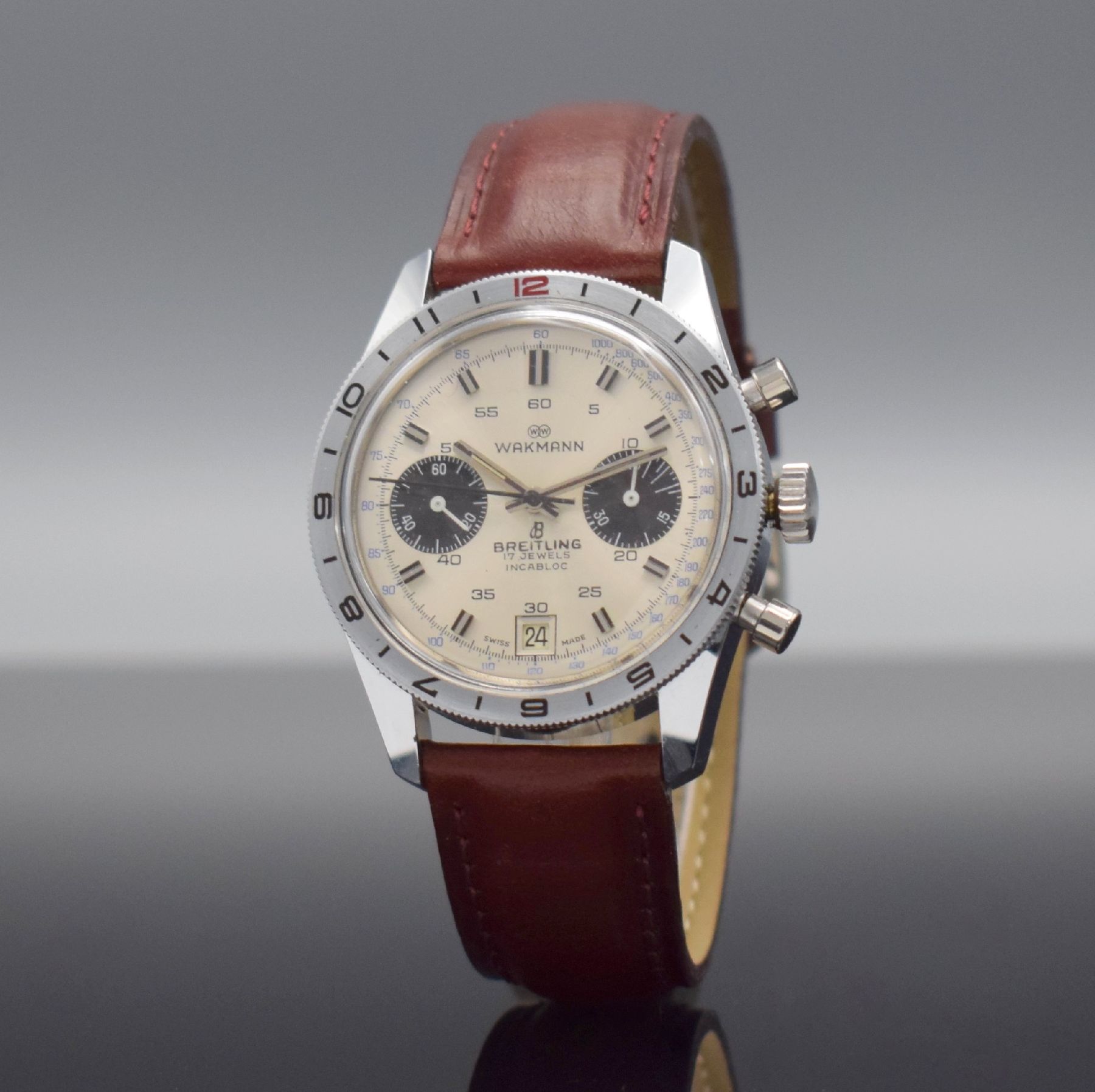 Detail b: WAKMANN / BREITLING seltene & interessante Herrenarmbanduhr mit Chronograph, Schweiz f. den US-Markt 1960er Jahre, Handaufzug, in dieser ...