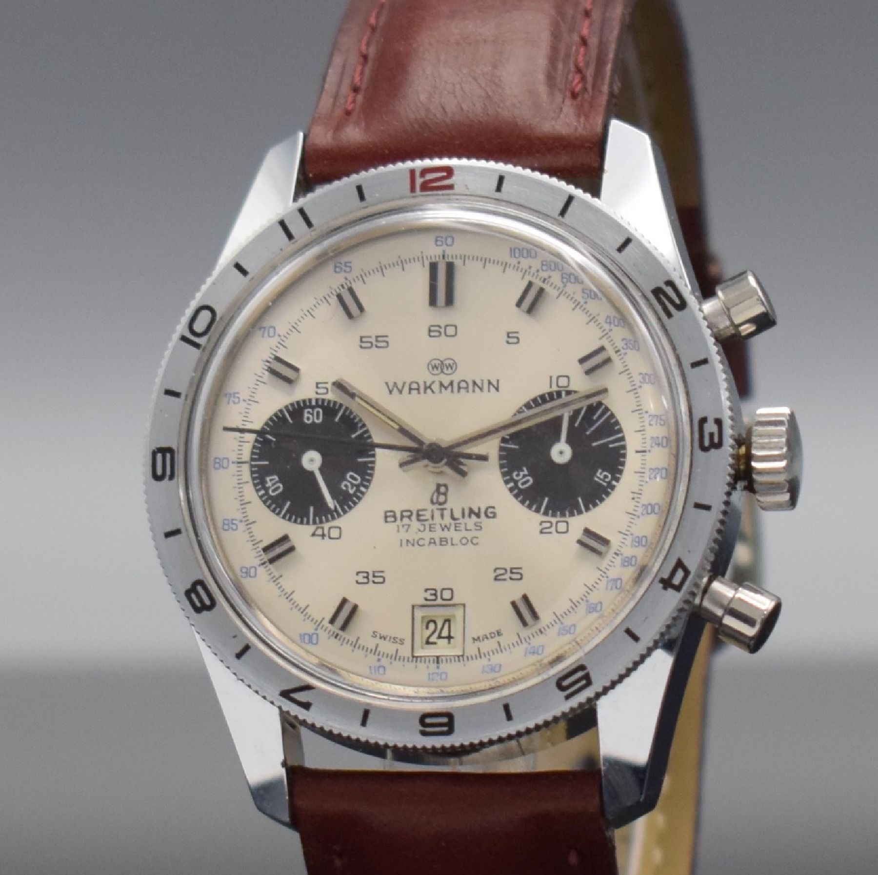 Detail c: WAKMANN / BREITLING seltene & interessante Herrenarmbanduhr mit Chronograph, Schweiz f. den US-Markt 1960er Jahre, Handaufzug, in dieser ...