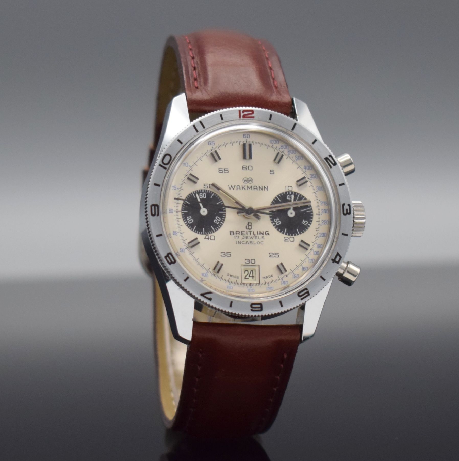 Detail d: WAKMANN / BREITLING seltene & interessante Herrenarmbanduhr mit Chronograph, Schweiz f. den US-Markt 1960er Jahre, Handaufzug, in dieser ...