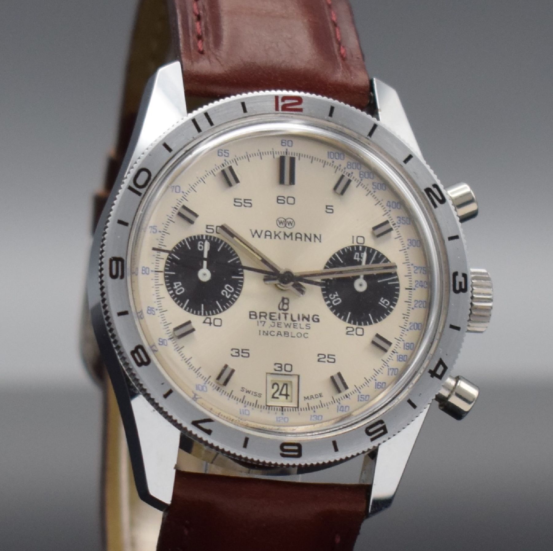Detail e: WAKMANN / BREITLING seltene & interessante Herrenarmbanduhr mit Chronograph, Schweiz f. den US-Markt 1960er Jahre, Handaufzug, in dieser ...