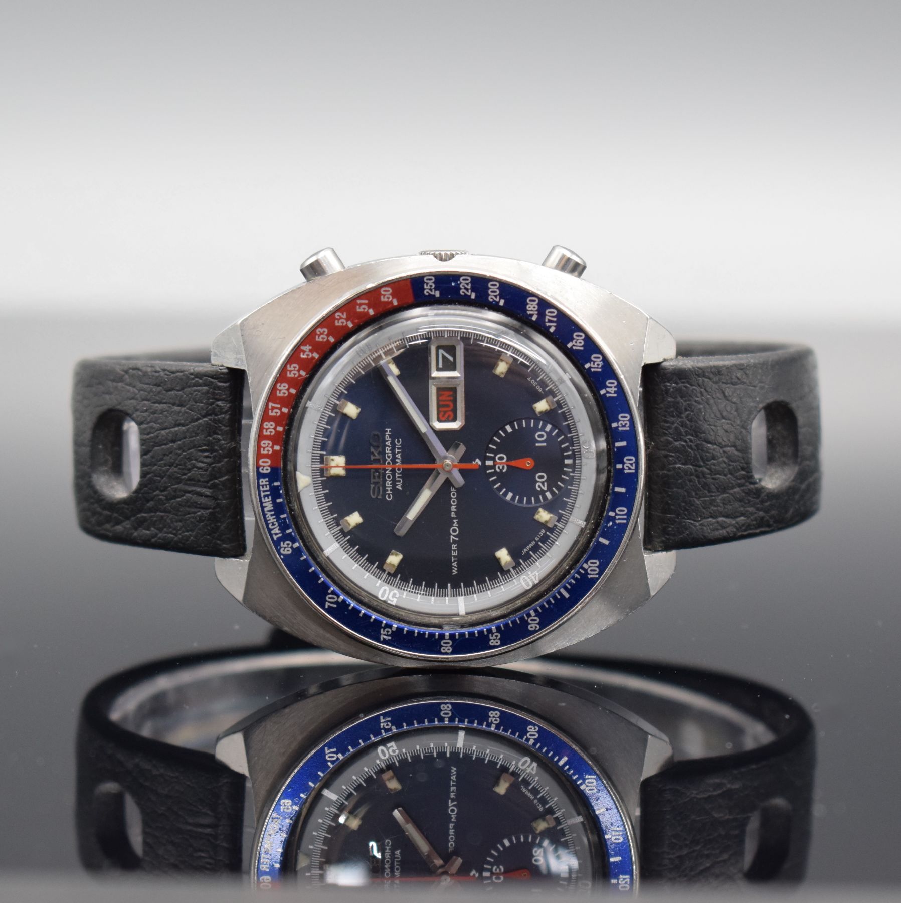 SEIKO sog. POGUE Herrenarmbanduhr mit Schaltradchronograph Referenz 6139-6000, Japan um 1975, Automatik, massives Edelstahlgeh. m. geschr. Boden, ...