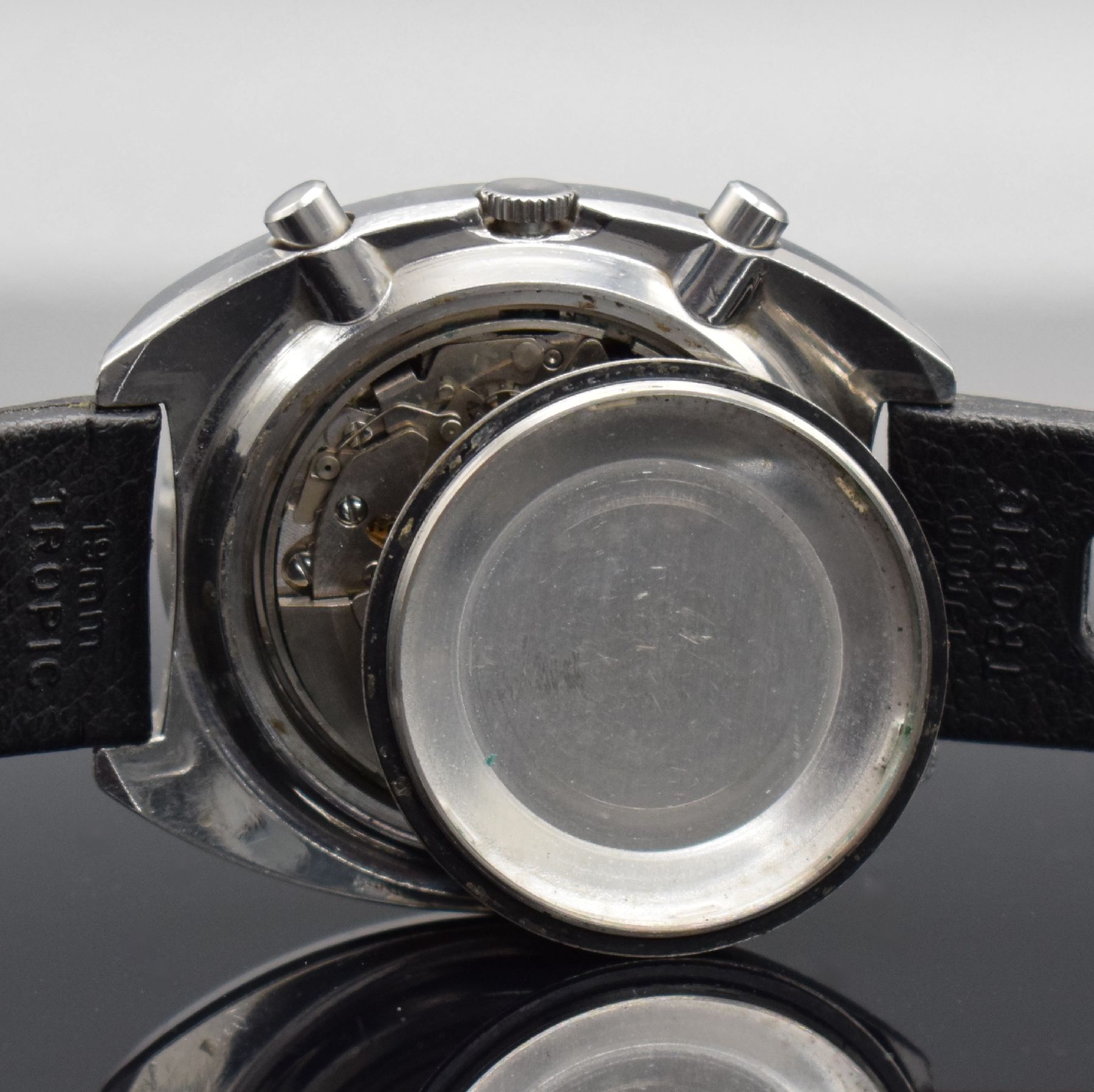 Detail g: SEIKO sog. POGUE Herrenarmbanduhr mit Schaltradchronograph Referenz 6139-6000, Japan um 1975, Automatik, massives Edelstahlgeh. m. geschr. Boden, ...