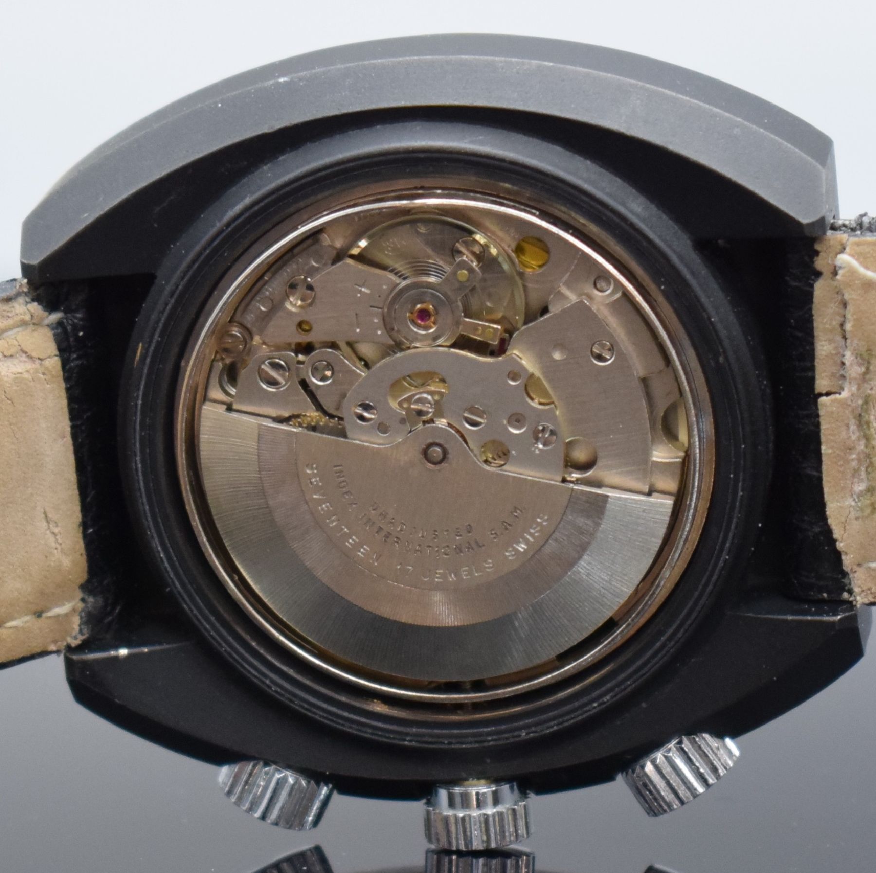 Detail g: DALIL sog. Moslems-Watch gut erhaltene Herrenarmbanduhr mit Kompass, Schweiz um 1975, Automatik, geschwärztes Gehäuse, Edelstahlboden geschr., ...