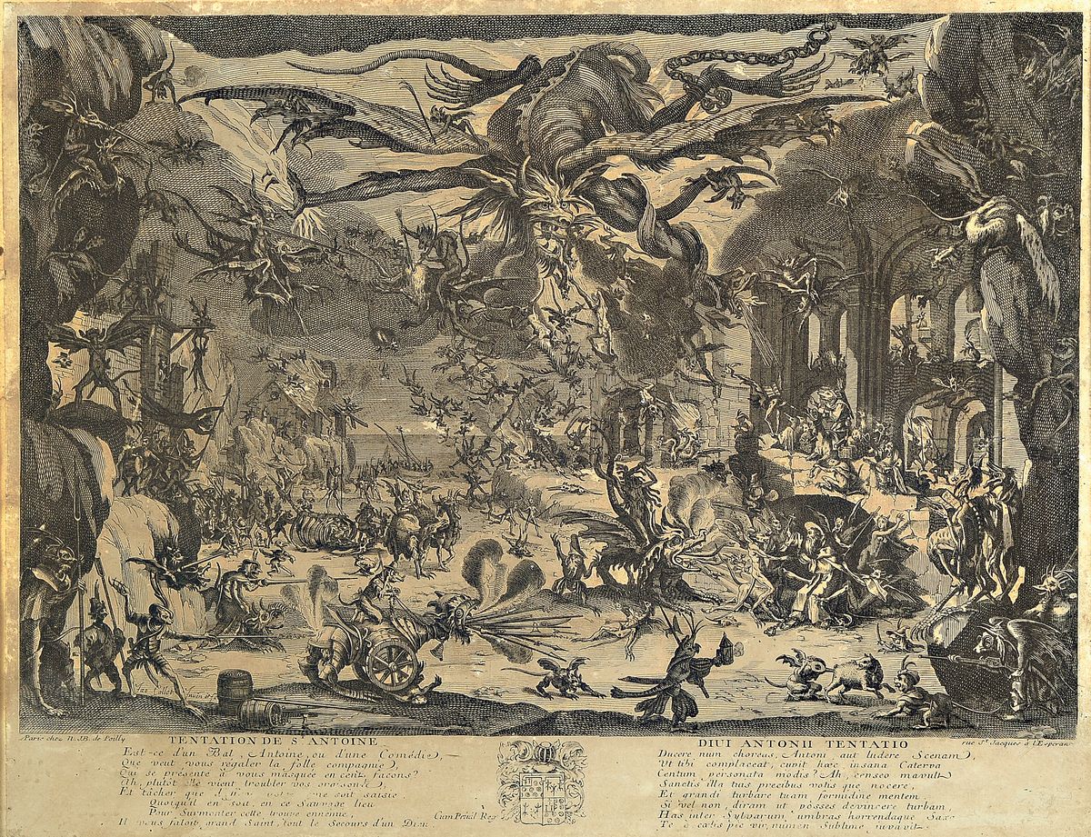 Nicolas Jean Baptiste Poilly, 1712-1758, Tentation de S. Antoine nach Jacques Callot, 1592-1635, die Versuchung des Hl. Antonius, Kupferstich, ca. ...