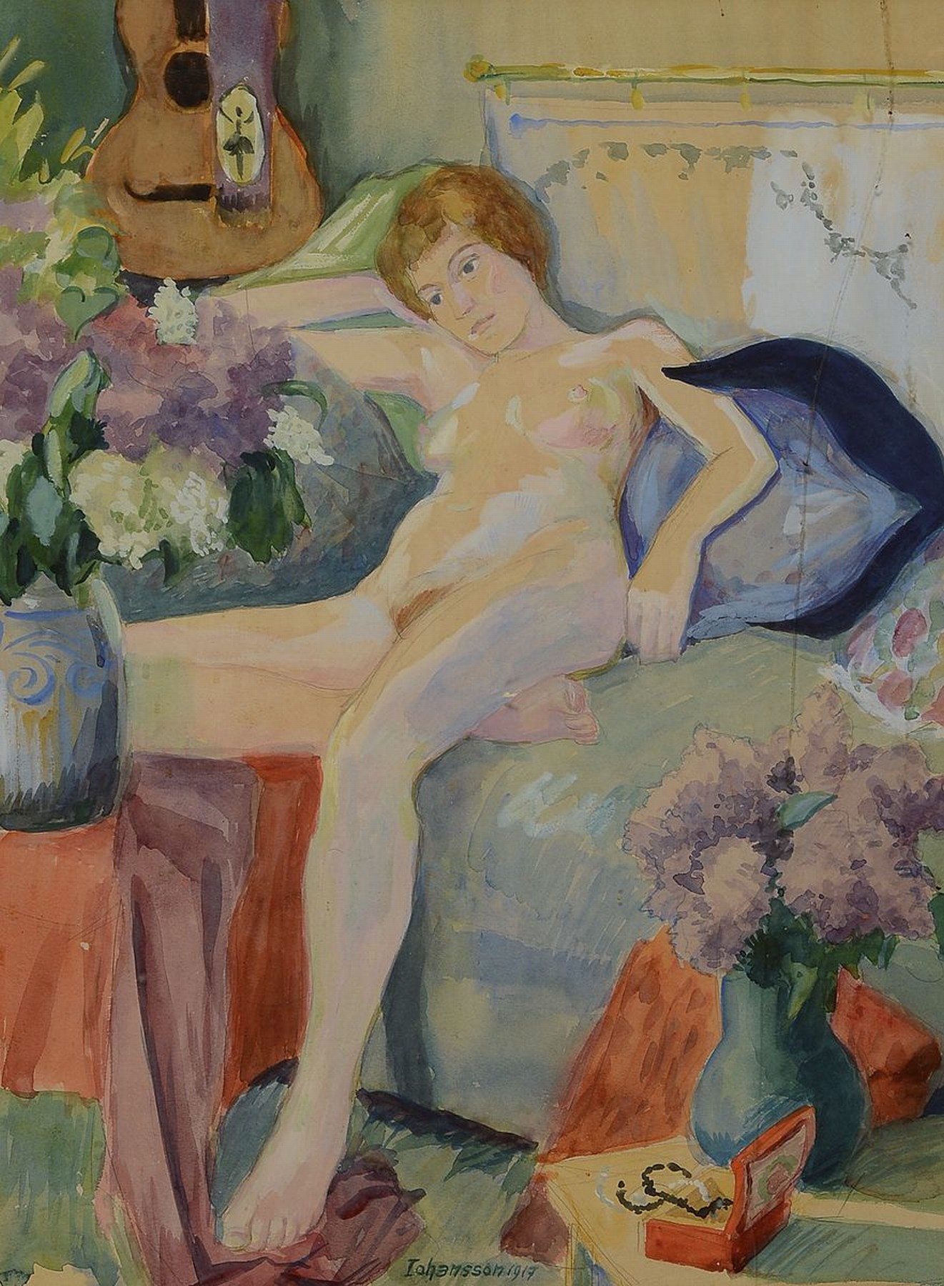 Johansson, datiert 1917, Interieur mit weiblichem Akt, Aquarell auf Papier, mittig unten signiert und datiert, ca. 42x31cm, PP, u.Gl., R. ca. 70x51cm