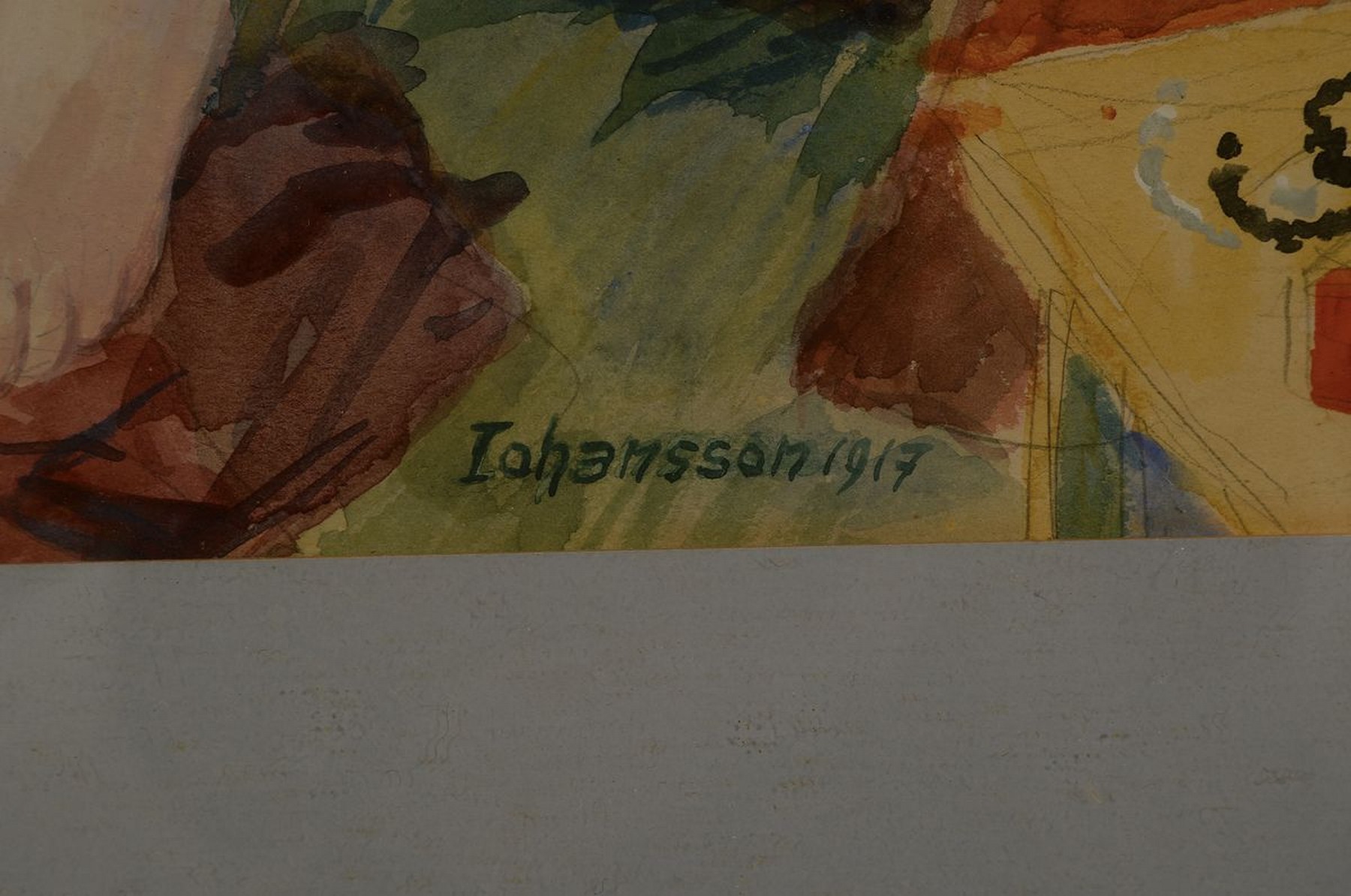 Detail c: Johansson, datiert 1917, Interieur mit weiblichem Akt, Aquarell auf Papier, mittig unten signiert und datiert, ca. 42x31cm, PP, u.Gl., R. ca. 70x51cm