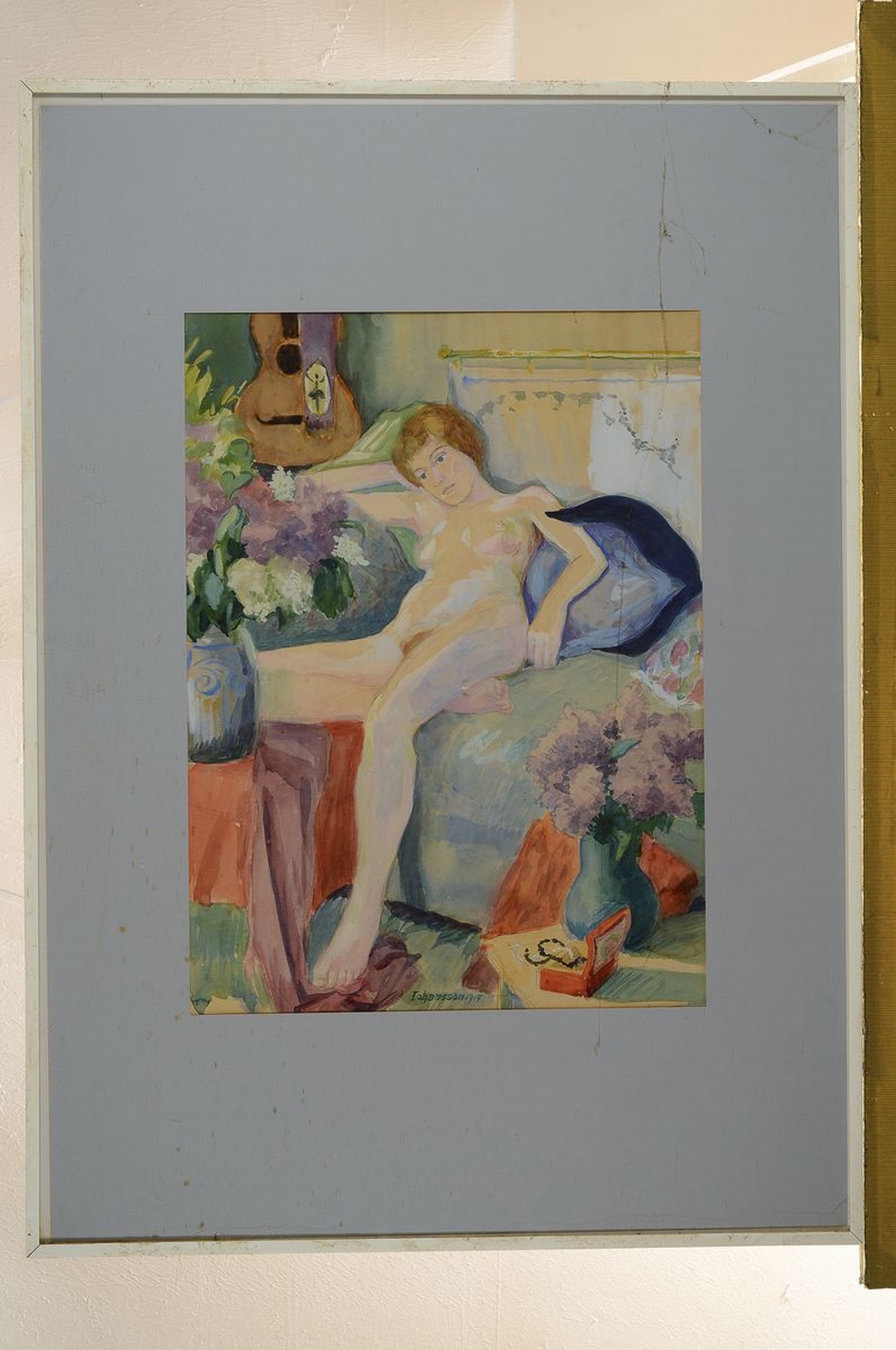 Detail k: Johansson, datiert 1917, Interieur mit weiblichem Akt, Aquarell auf Papier, mittig unten signiert und datiert, ca. 42x31cm, PP, u.Gl., R. ca. 70x51cm