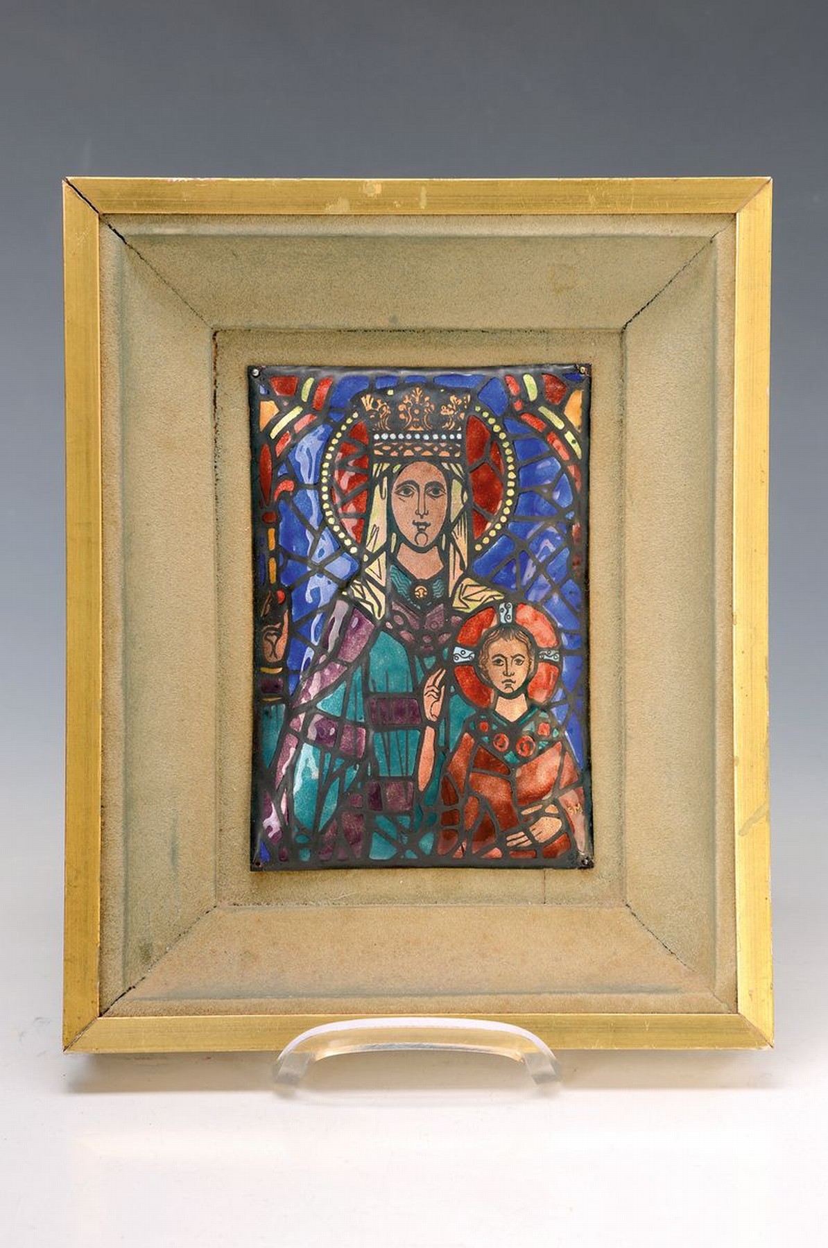 Heiligenbild/Emailbild, Limoges, um 1930, Mutter Gottes mit Kind, buntes teils transluzides Email auf Kupfer, Rückseite mit Gegenemail und Marke SM, ...