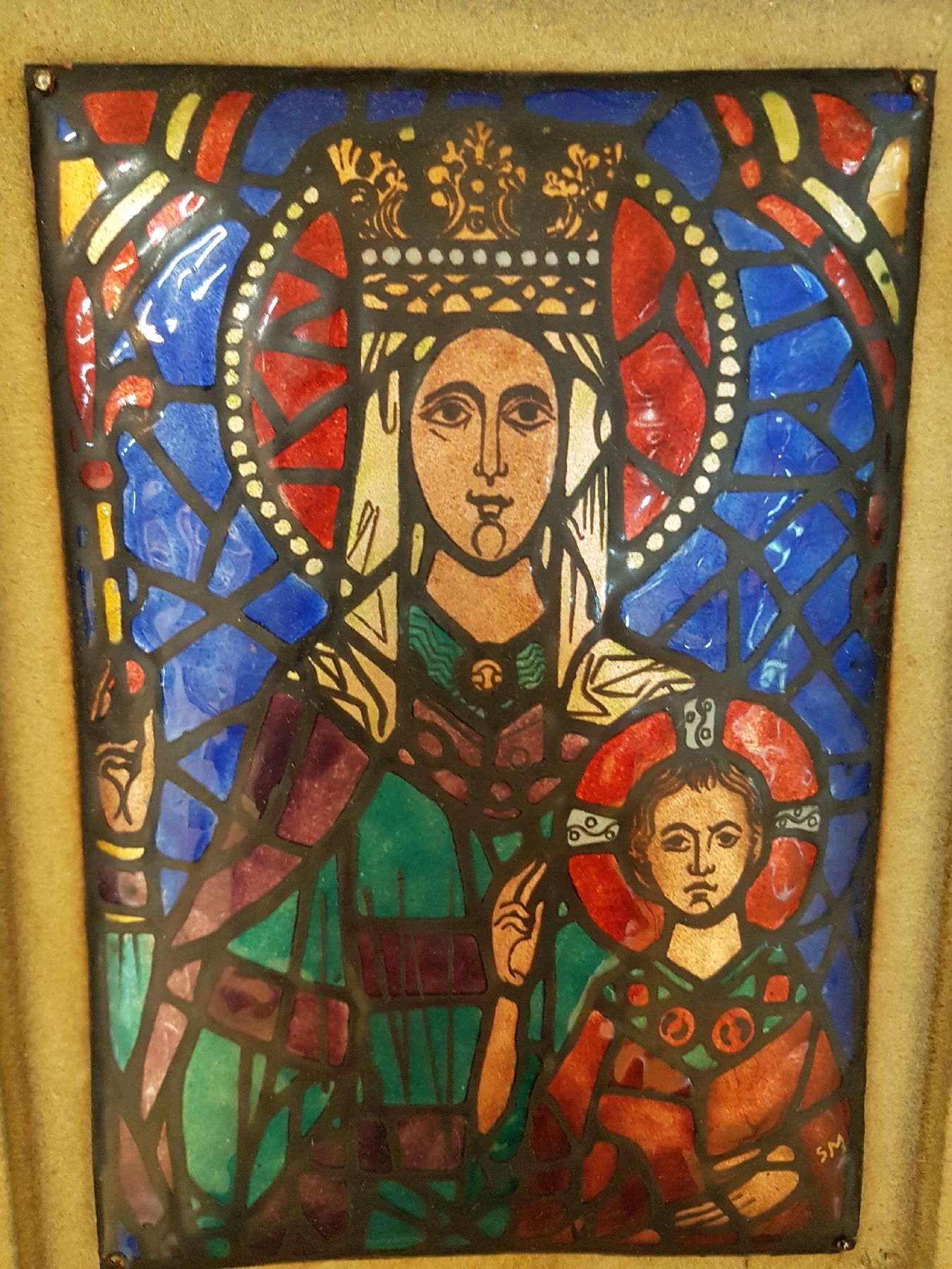 Detail a: Heiligenbild/Emailbild, Limoges, um 1930, Mutter Gottes mit Kind, buntes teils transluzides Email auf Kupfer, Rückseite mit Gegenemail und Marke SM, ...