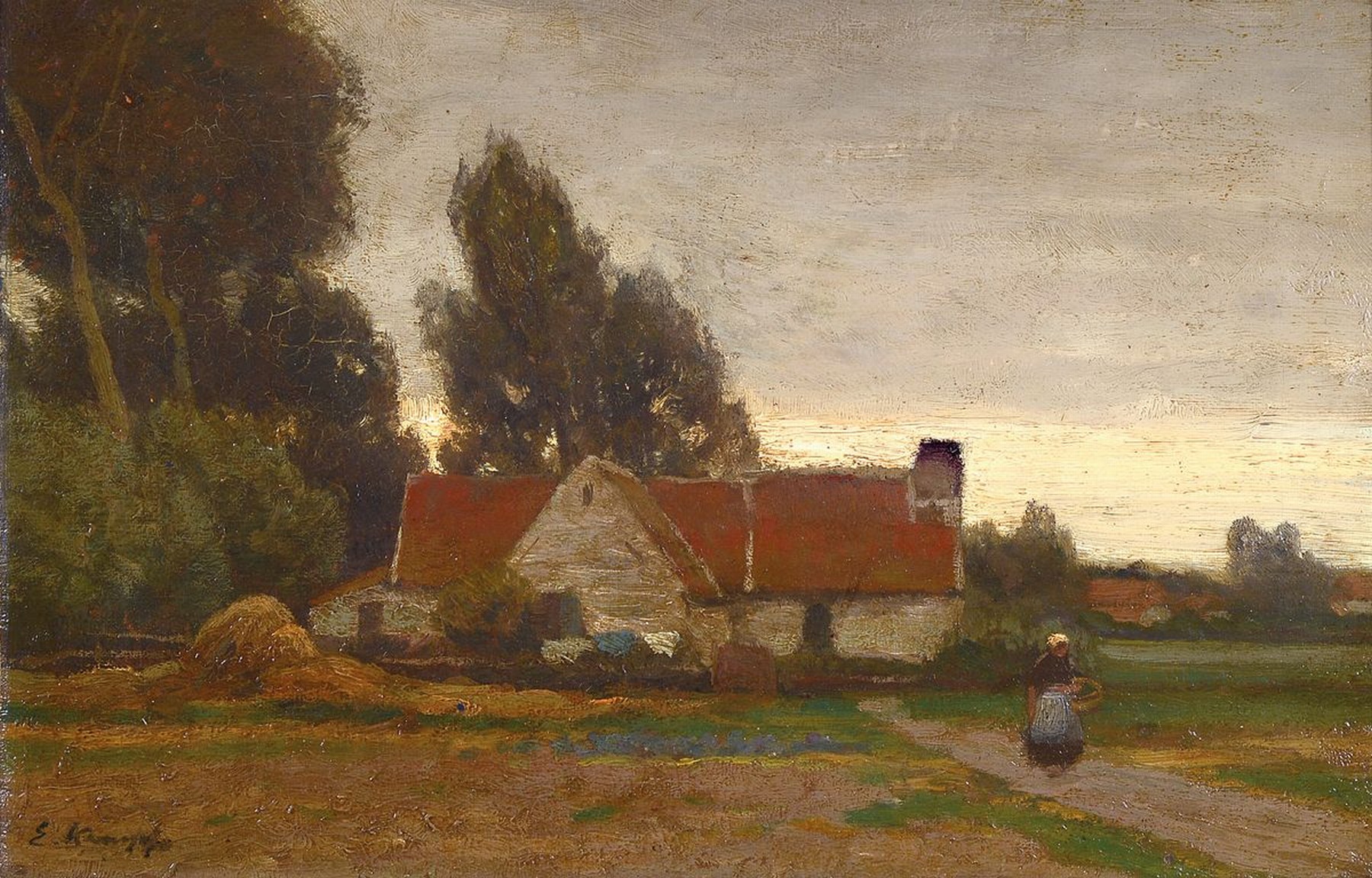 Eugen Kampf, 1861 Aachen-1933 Düsseldorf, Flandrisches Bauerngehöft in der Dämmerung, Öl/Lwd, rest., links unten signiert, ca. 31.5x48cm, R. ca. ...