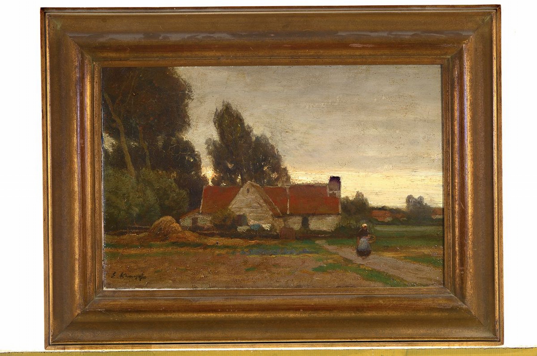 Detail k: Eugen Kampf, 1861 Aachen-1933 Düsseldorf, Flandrisches Bauerngehöft in der Dämmerung, Öl/Lwd, rest., links unten signiert, ca. 31.5x48cm, R. ca. ...