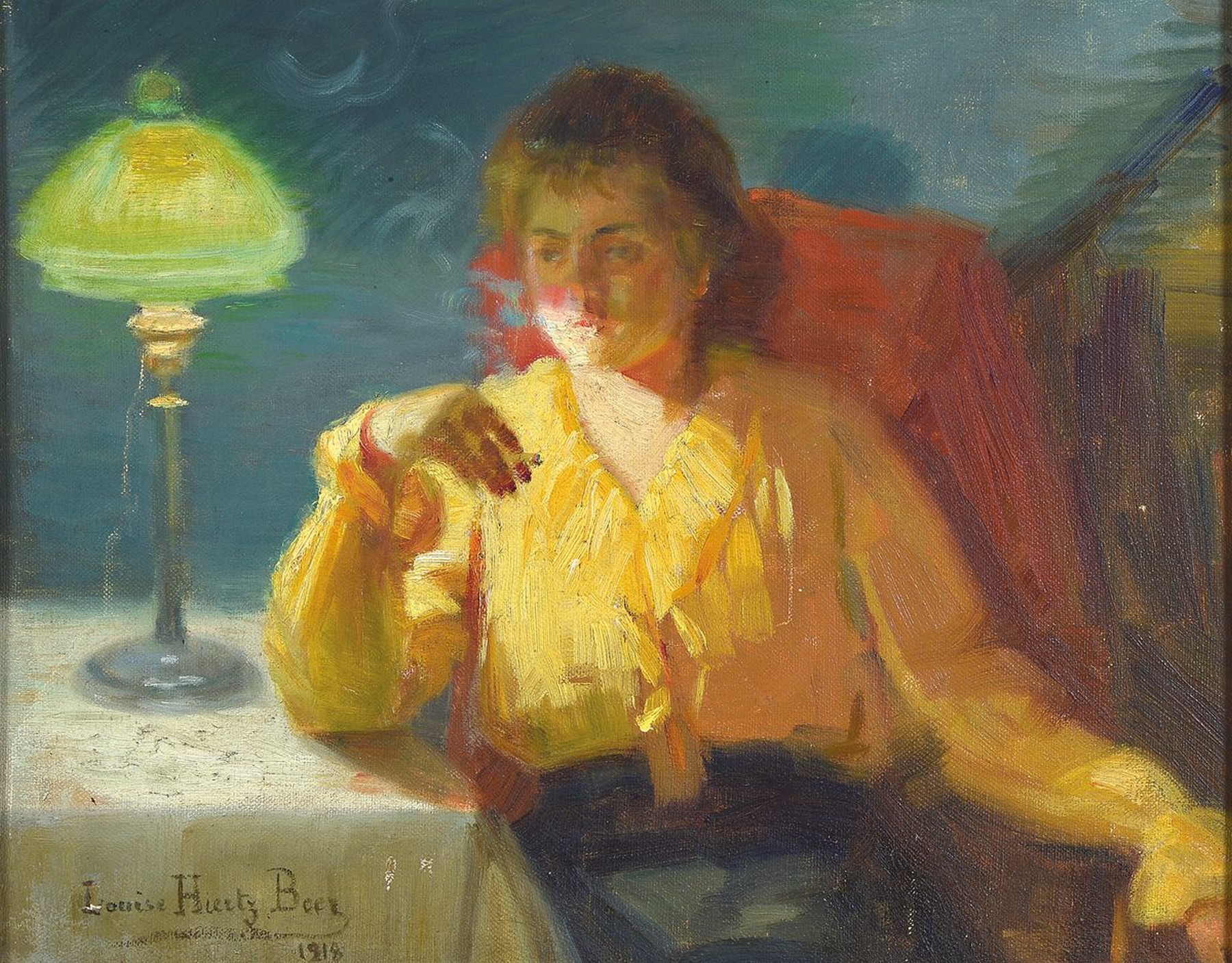 Louise Hiertz-Been, datiert 1917, rauchende Frau im Schein einer Tischlampe, Öl/Lwd, links unten signiert und dat., ca. 33x42cm, R. ca. 39x47cm