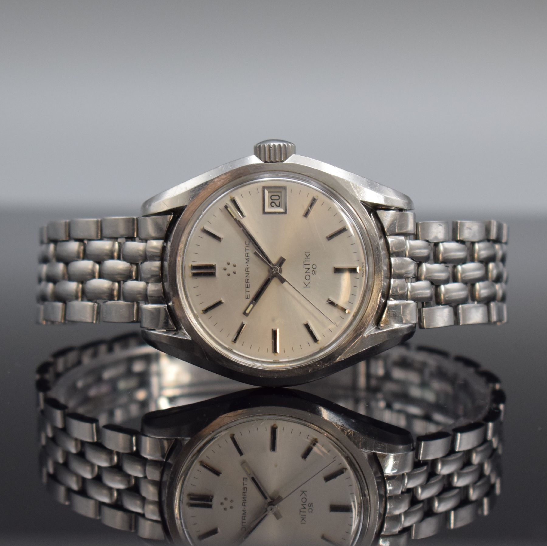 ETERNA-MATIC KonTiki 20 Herrenarmbanduhr 37 mm mit original Gay Freres Band, Schweiz um 1970, Automatik, Edelstahlgehäuse, original Gliederband m. ...