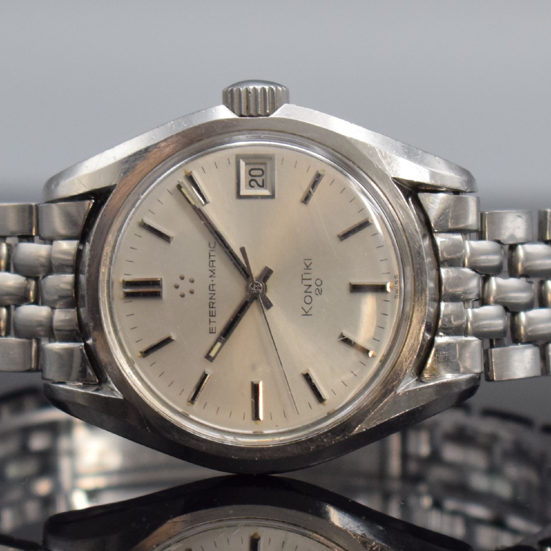 Detail a: ETERNA-MATIC KonTiki 20 Herrenarmbanduhr 37 mm mit original Gay Freres Band, Schweiz um 1970, Automatik, Edelstahlgehäuse, original Gliederband m. ...