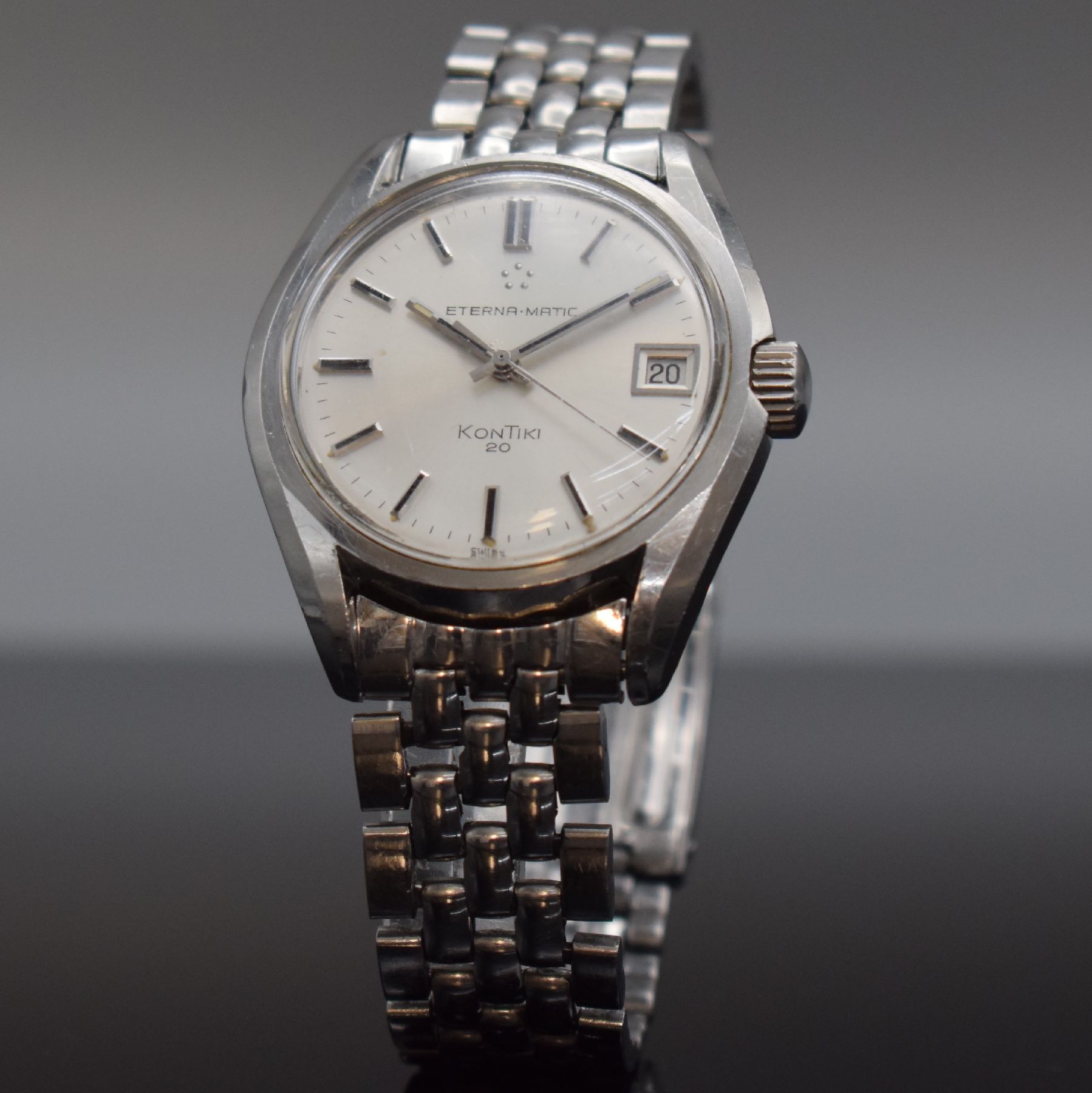Detail c: ETERNA-MATIC KonTiki 20 Herrenarmbanduhr 37 mm mit original Gay Freres Band, Schweiz um 1970, Automatik, Edelstahlgehäuse, original Gliederband m. ...