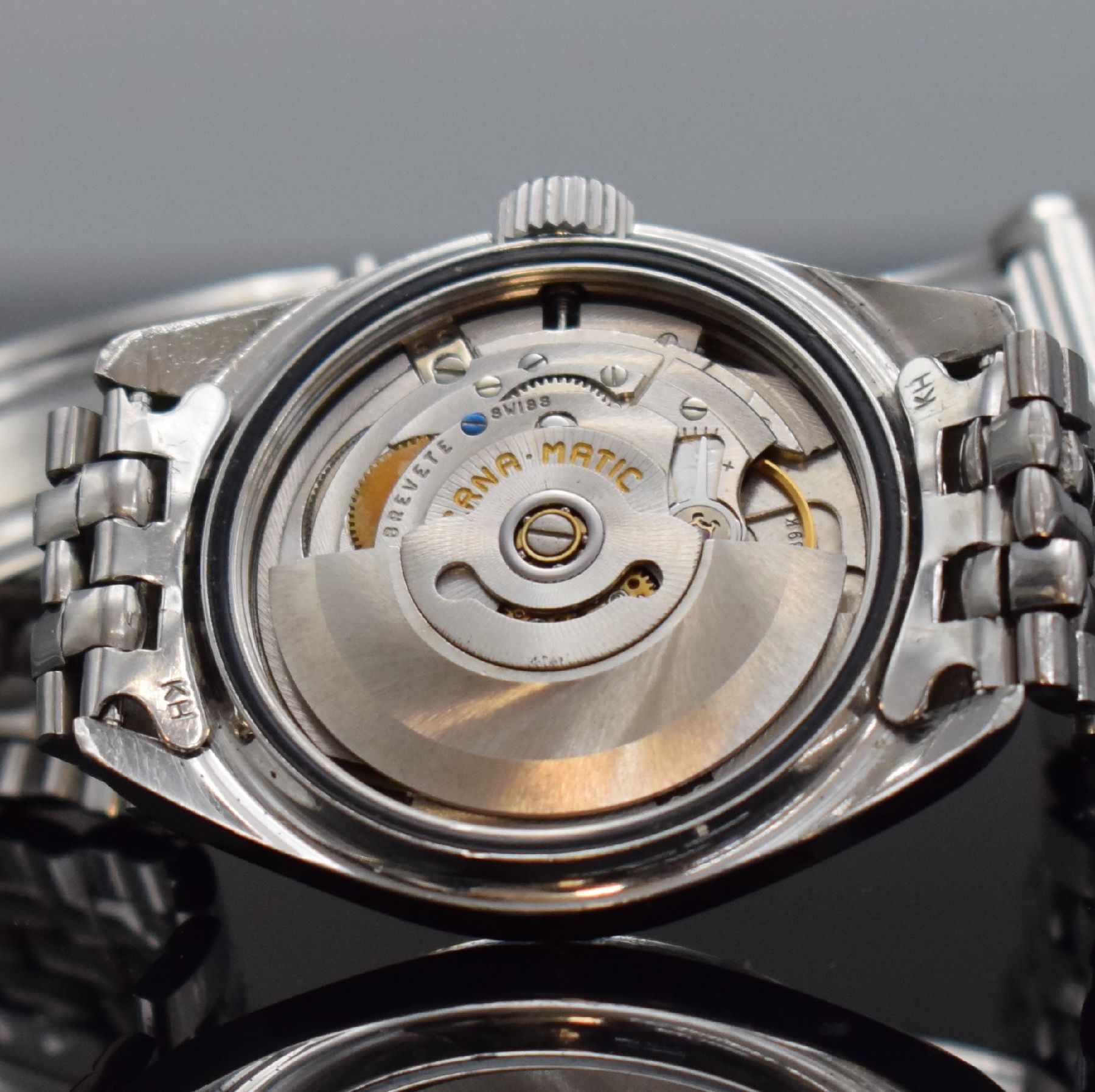 Detail k: ETERNA-MATIC KonTiki 20 Herrenarmbanduhr 37 mm mit original Gay Freres Band, Schweiz um 1970, Automatik, Edelstahlgehäuse, original Gliederband m. ...