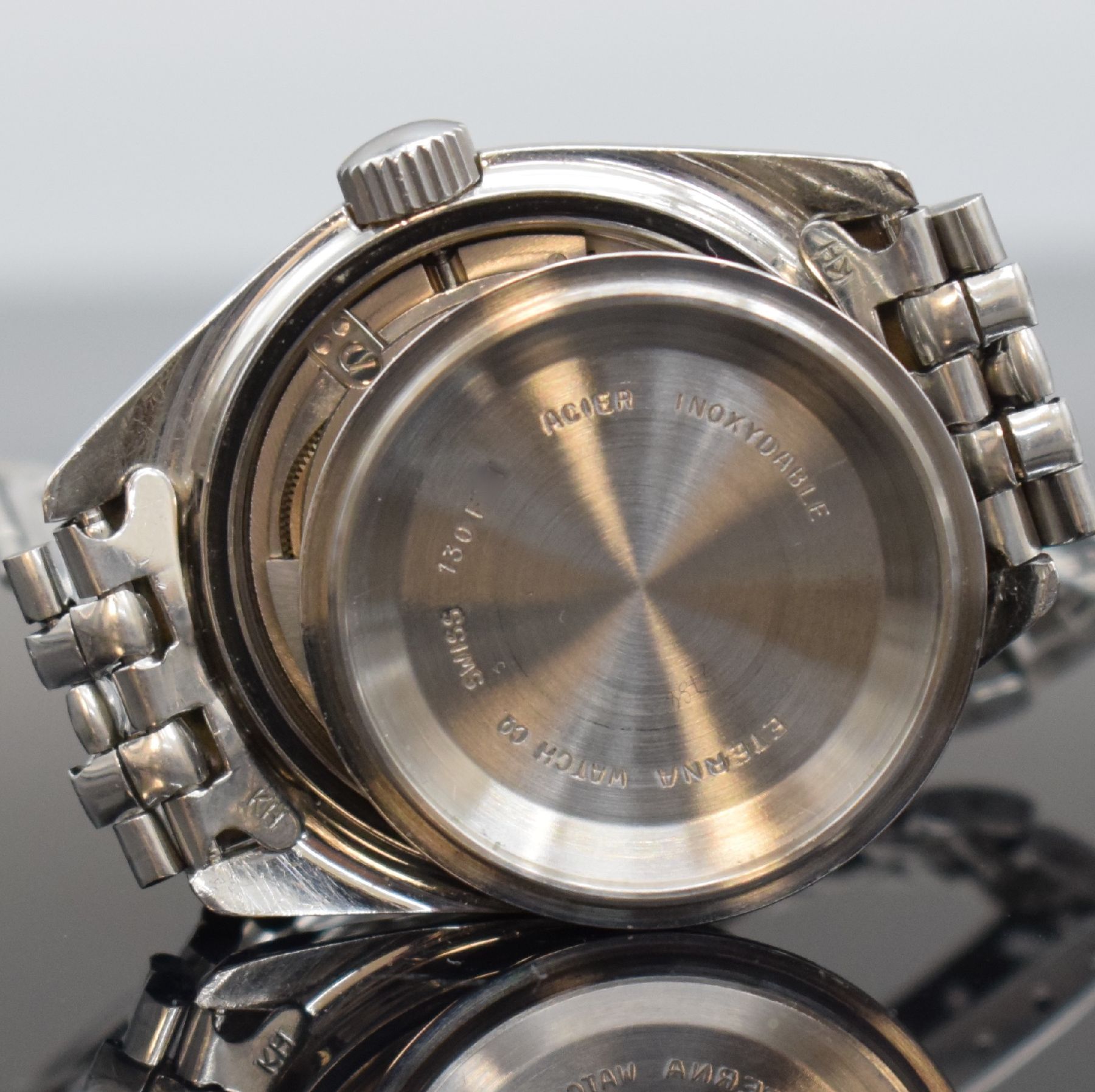 Detail m: ETERNA-MATIC KonTiki 20 Herrenarmbanduhr 37 mm mit original Gay Freres Band, Schweiz um 1970, Automatik, Edelstahlgehäuse, original Gliederband m. ...