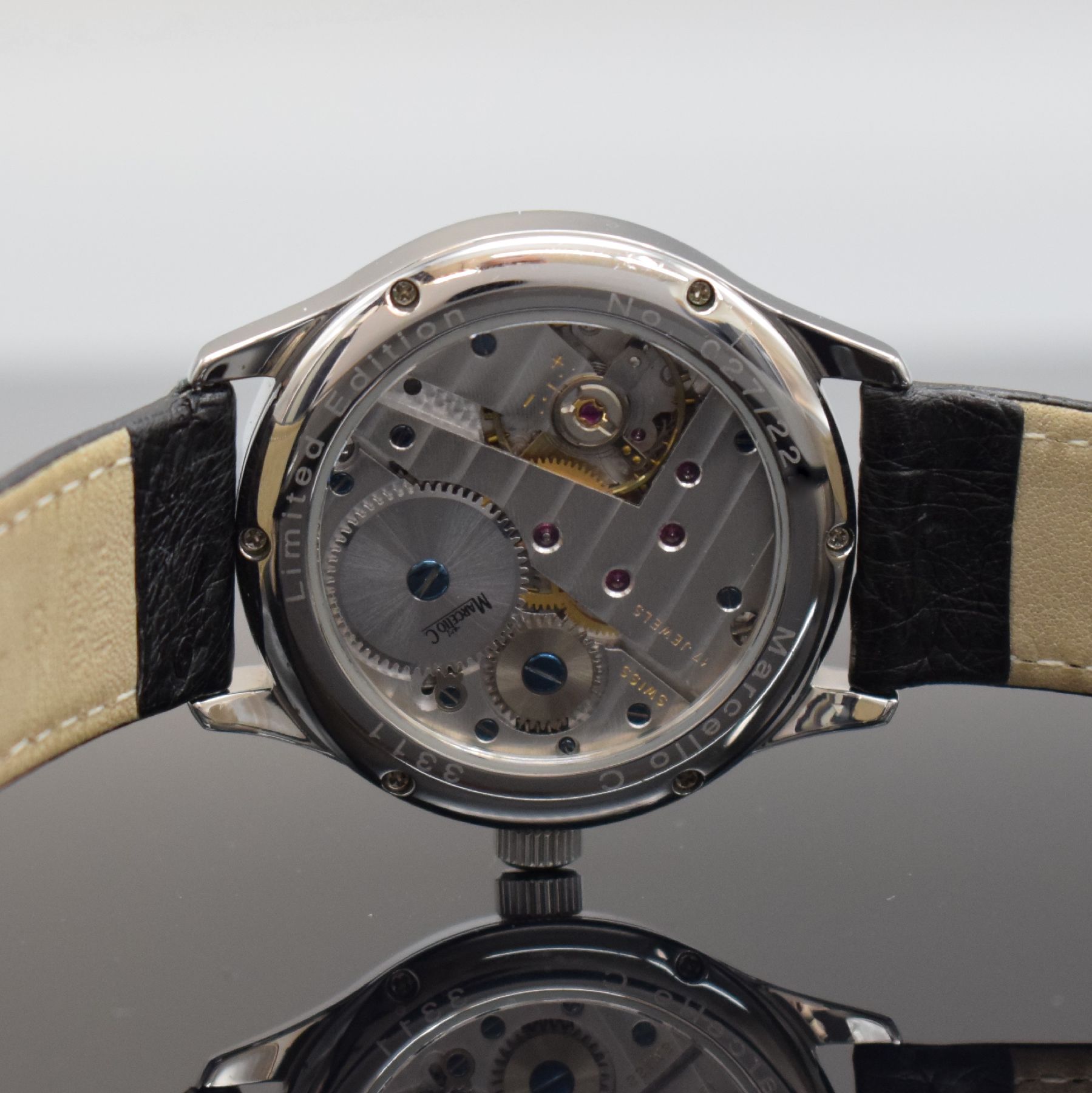 Detail g: MARCELLO C limitierte Herrenarmbanduhr mit Kal. AS 1130, Schweiz um 2005, limitierte Auflage v. 222 Stück, beids. vergl. Edelstahlgeh., Boden 6-fach ...