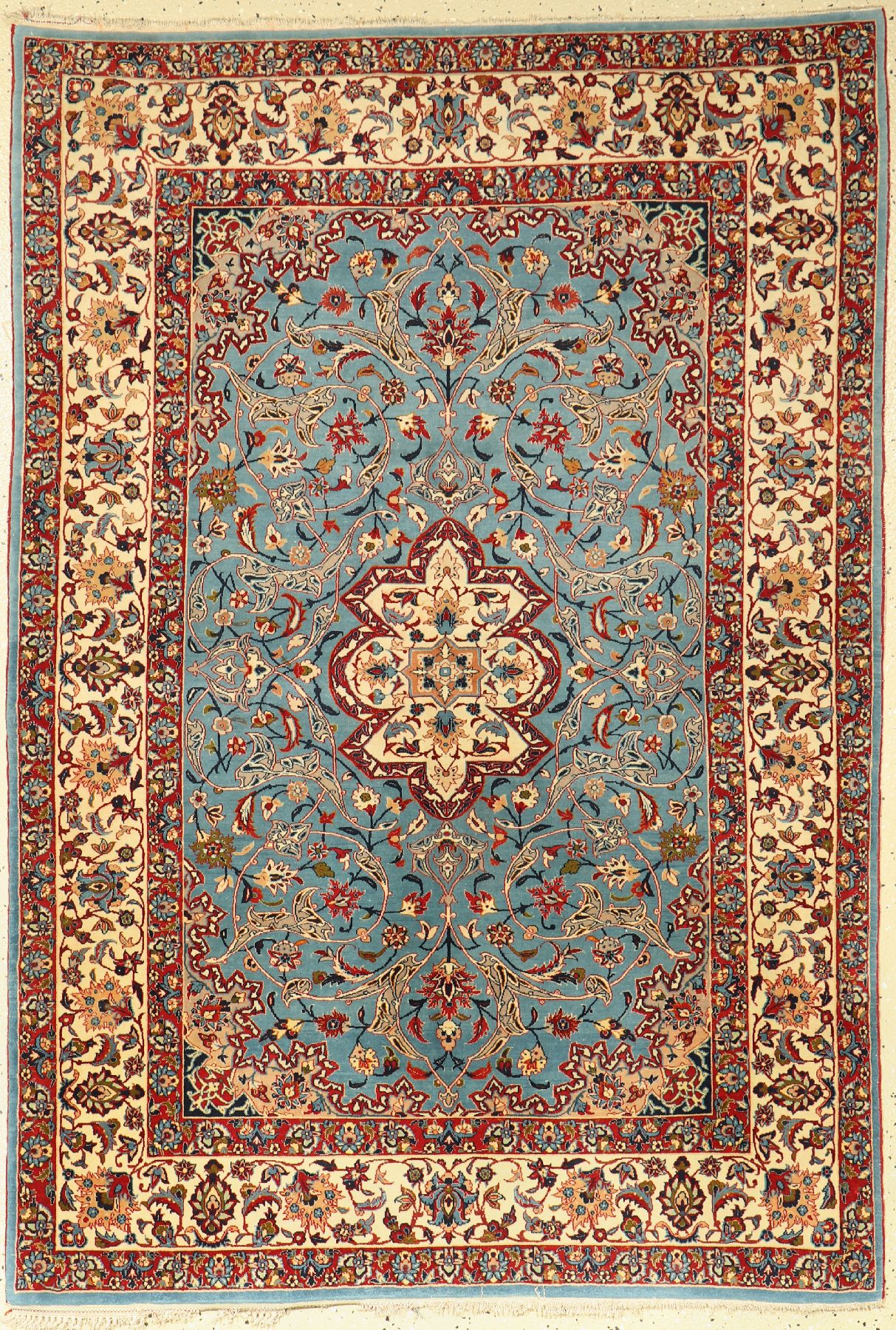 Feiner Esfahan alt, Persien, um 1960, Korkwolle auf Seide, ca. 150 x 102 cm, feine Qualität, himmelblauer Grund, EHZ: 2-3