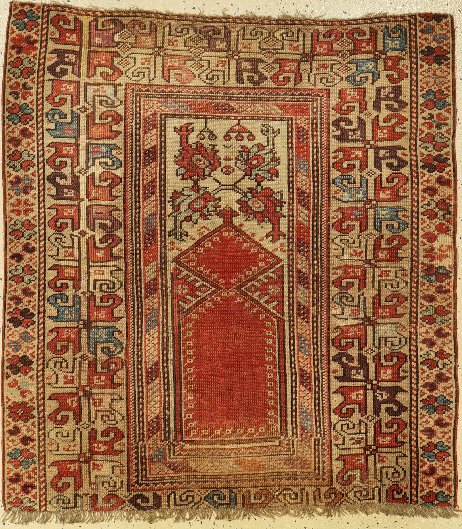 Melas Gebetsteppich antik, Türkei, 19.Jahrhundert, Wolle auf Wolle, ca. 110 x 100cm, sammelwürdig,, auberginetöne, Alters und Gebrauchsspuren