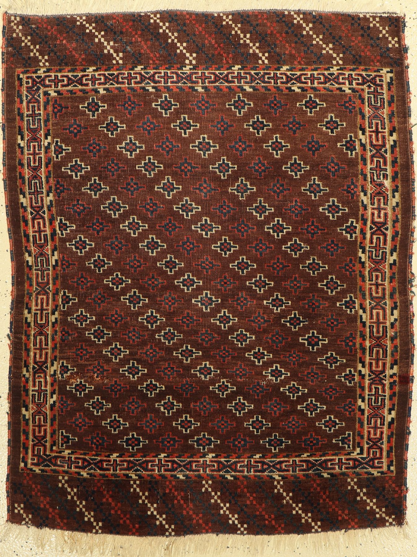 Yomud Hochzeitsteppich antik, Turkmenistan,19.Jahrhundert, Wolle auf Wolle, ca. 123 x 100cm, seltenes allover Muster, Alters und Gebrauchsspuren