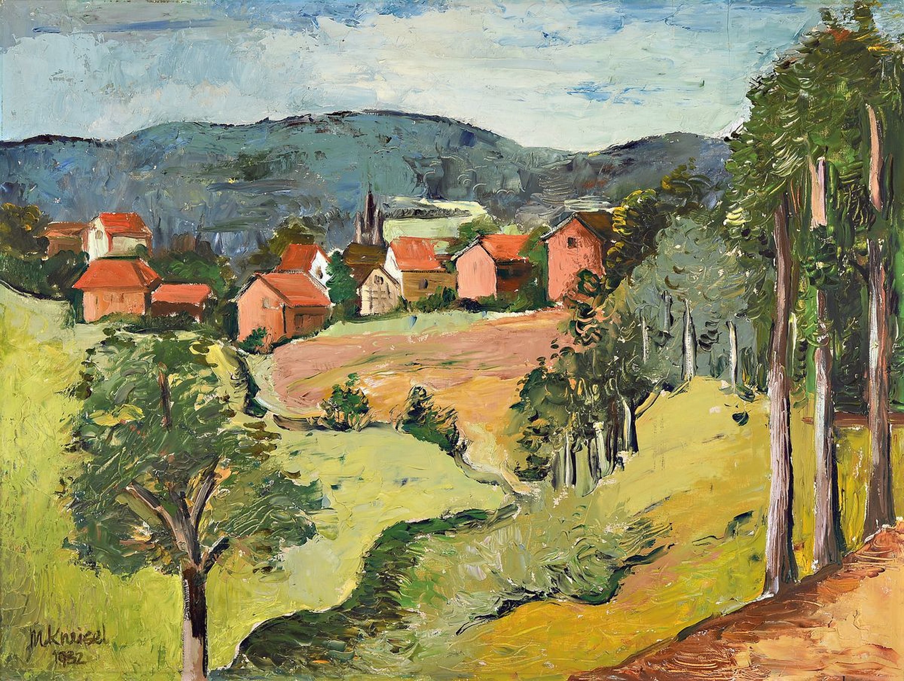 Max Kneisel, 1900 - 1976, Mitglied der Malergruppe Kasseler Sezession, expressionistische Landschaft, "Dorf in Hessen", 1932, Öl/Holz, ...