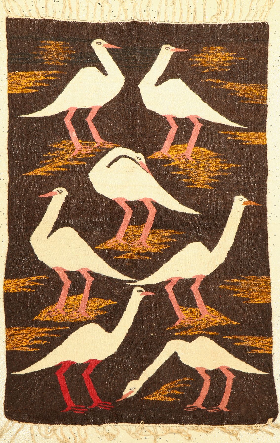 Jugendstil Kelim alt, Europa, um 1930, Wolle auf Baumwolle, ca. 135 x 86 cm, Gänse Motiv, dekorativ, EHZ: 2