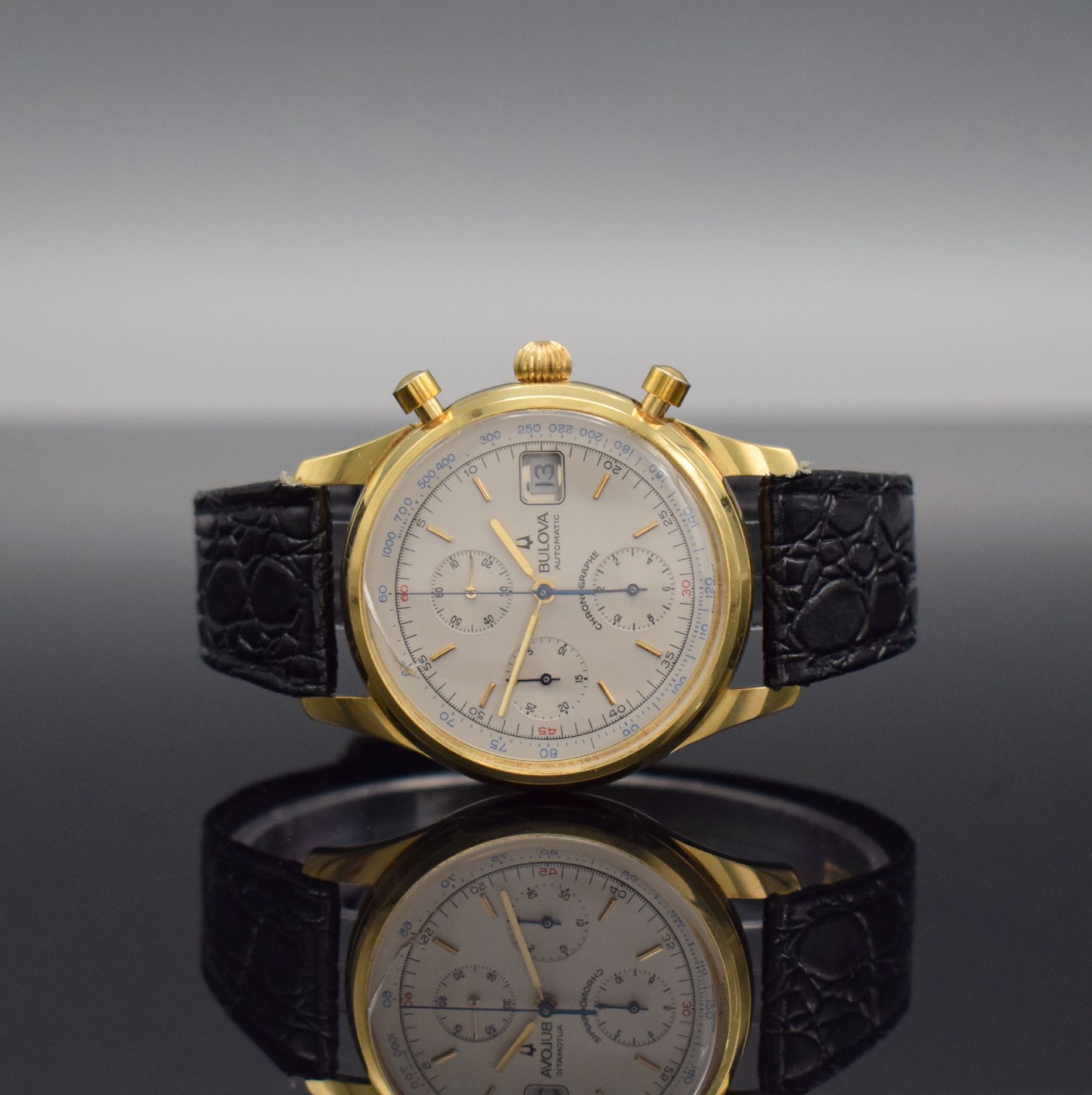 BULOVA Herrenarmbanduhr mit Chronograph in GG 750/000, Schweiz 1990er Jahre, Automatik, 3 -teil. Gehäuse verz., Boden (zu befest.) & Glasrand ...