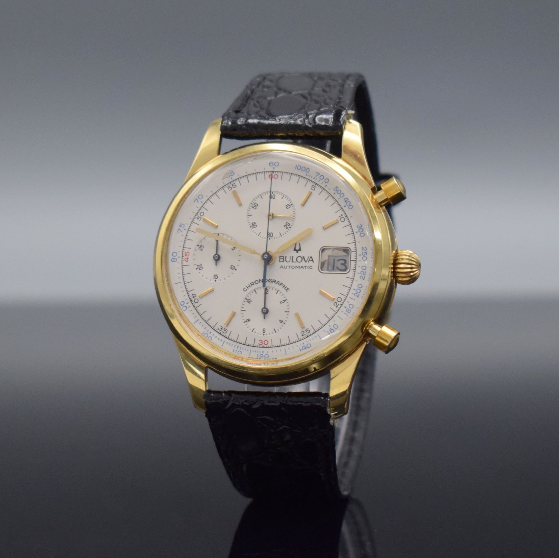 Detail b: BULOVA Herrenarmbanduhr mit Chronograph in GG 750/000, Schweiz 1990er Jahre, Automatik, 3 -teil. Gehäuse verz., Boden (zu befest.) & Glasrand ...
