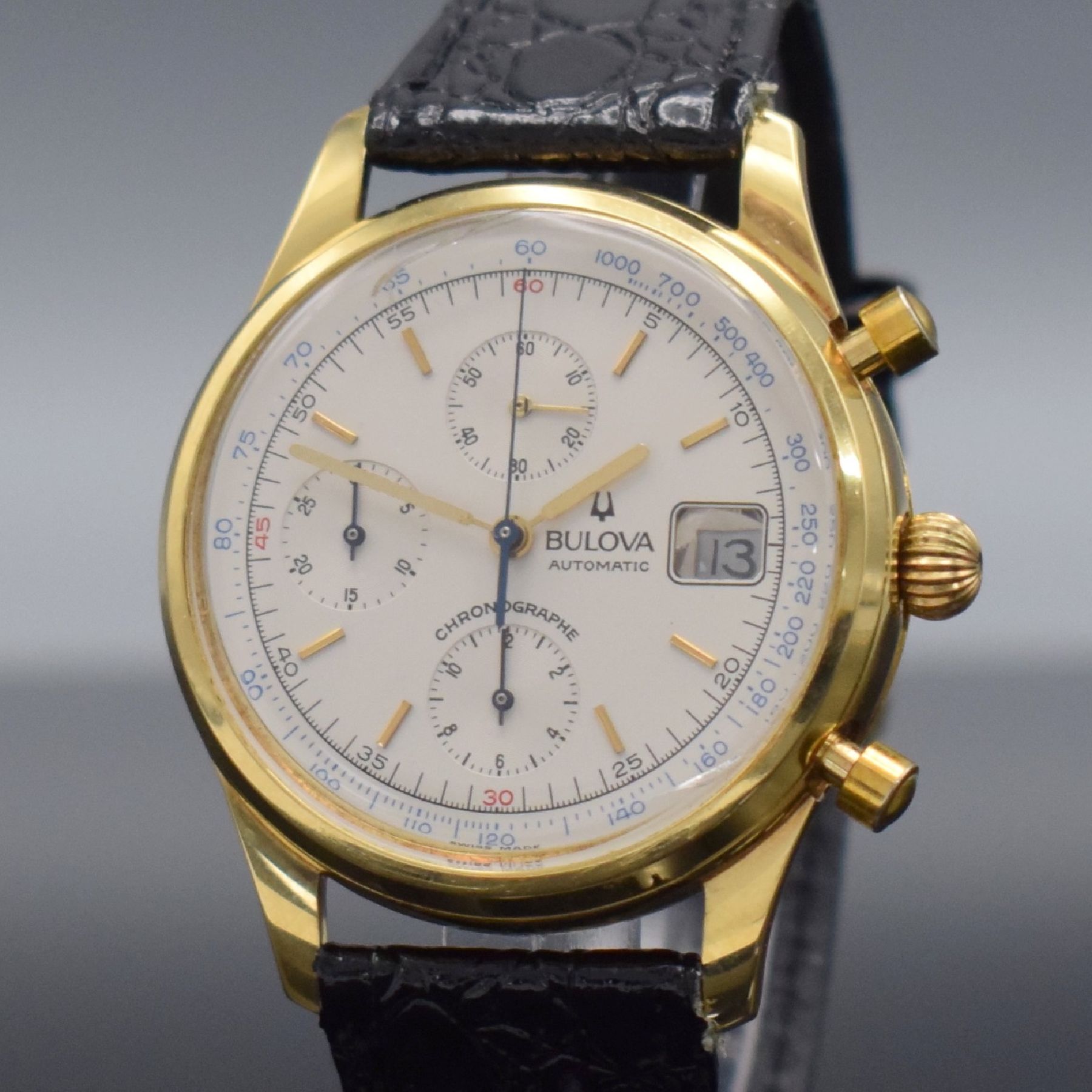 Detail c: BULOVA Herrenarmbanduhr mit Chronograph in GG 750/000, Schweiz 1990er Jahre, Automatik, 3 -teil. Gehäuse verz., Boden (zu befest.) & Glasrand ...