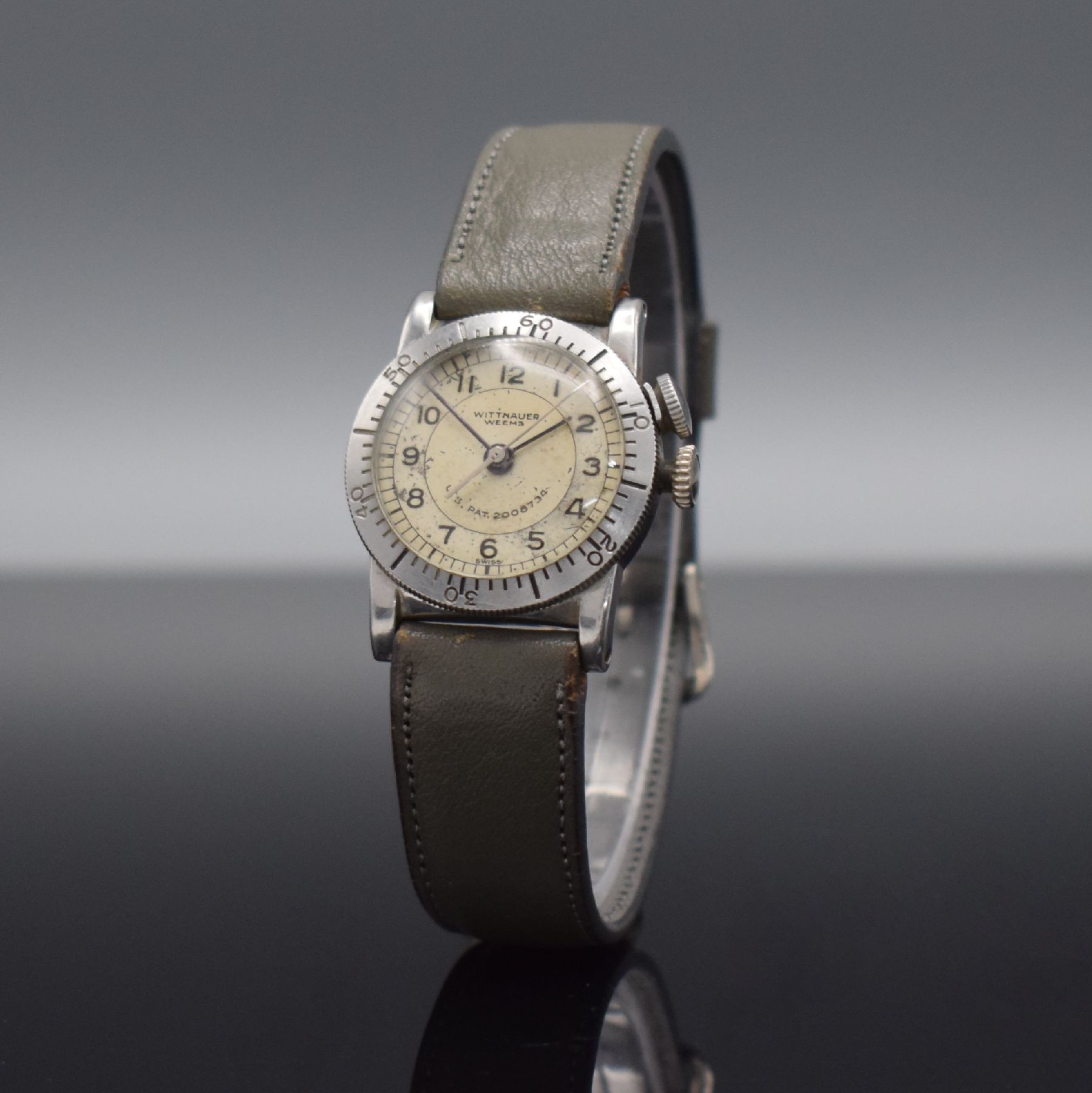 Detail b: WITTNAUER WEEMS seltene Armbanduhr, Schweiz für den US-Markt um 1935, Handaufzug, verchr. Gehäuse, Boden aufgedr., Lünette mit 60er Teilung ...