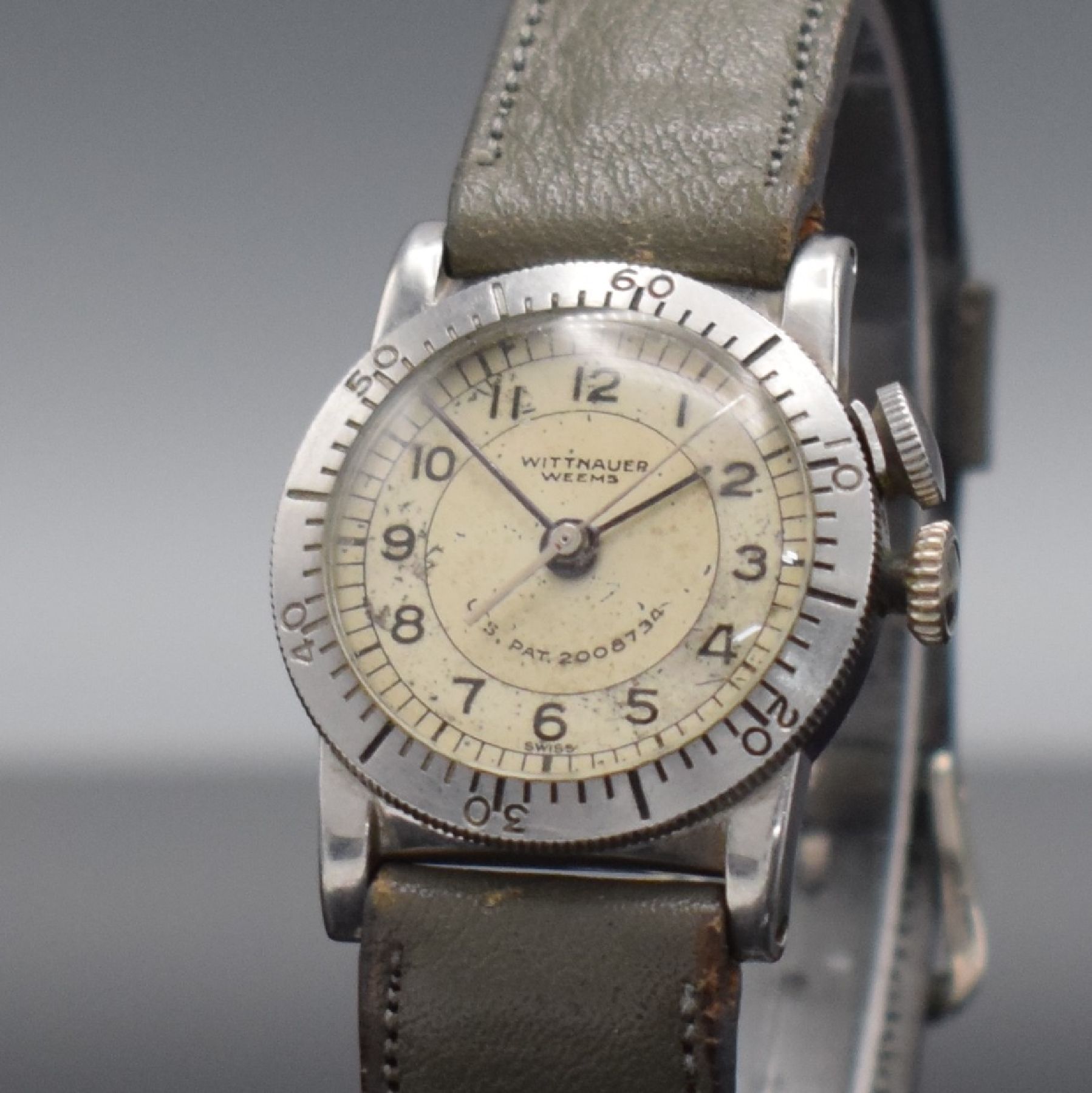 Detail c: WITTNAUER WEEMS seltene Armbanduhr, Schweiz für den US-Markt um 1935, Handaufzug, verchr. Gehäuse, Boden aufgedr., Lünette mit 60er Teilung ...