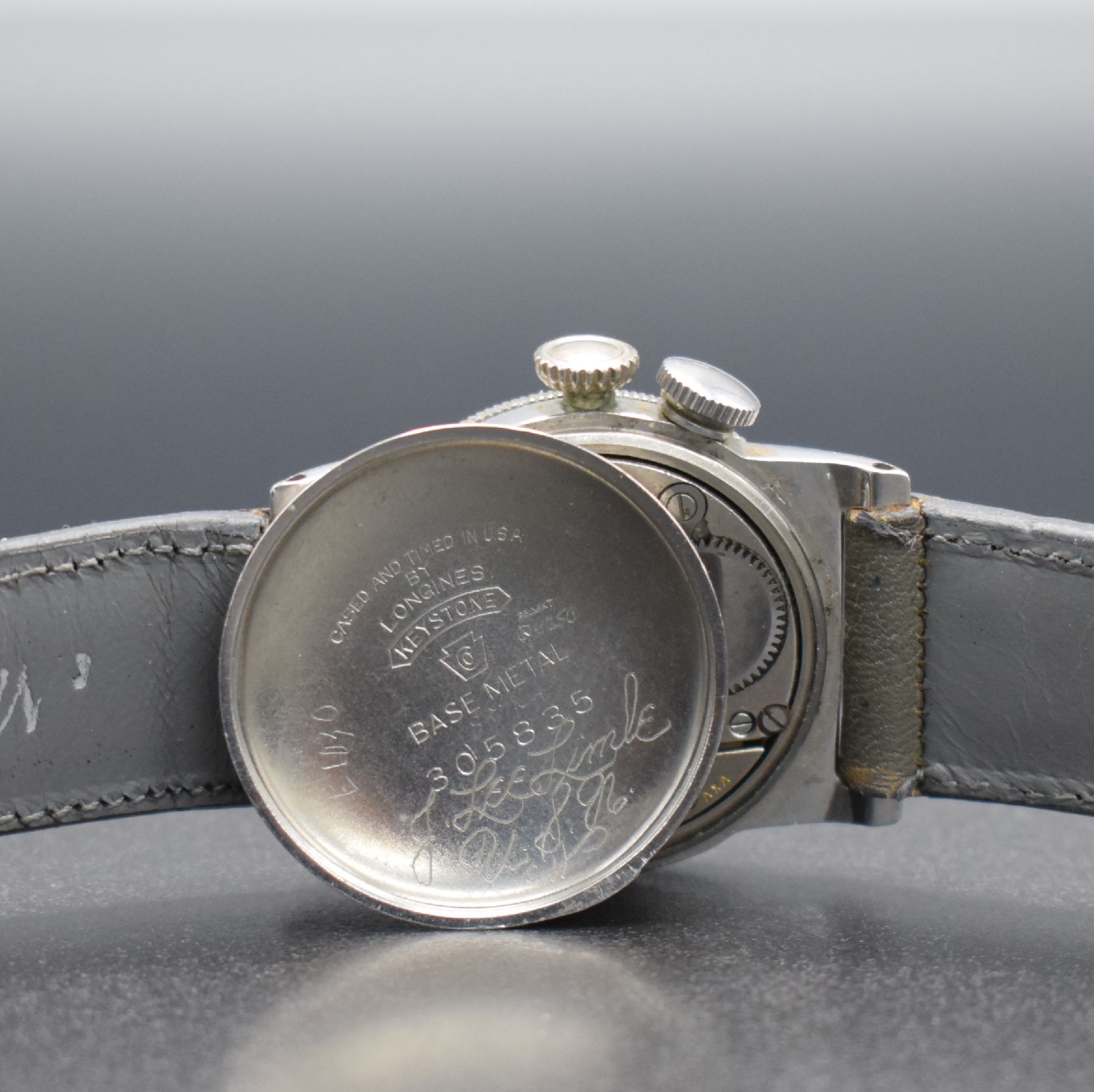 Detail g: WITTNAUER WEEMS seltene Armbanduhr, Schweiz für den US-Markt um 1935, Handaufzug, verchr. Gehäuse, Boden aufgedr., Lünette mit 60er Teilung ...