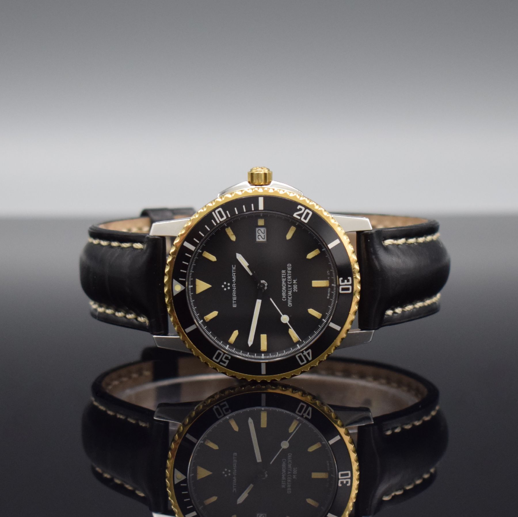 ETERNA-MATIC Chronometer Herrenarmbanduhr, Schweiz um 1990, Automatik, Edelstahl/ Gold komb., eins. drehb. Lünette, geschr. Boden m. Widmung, ...