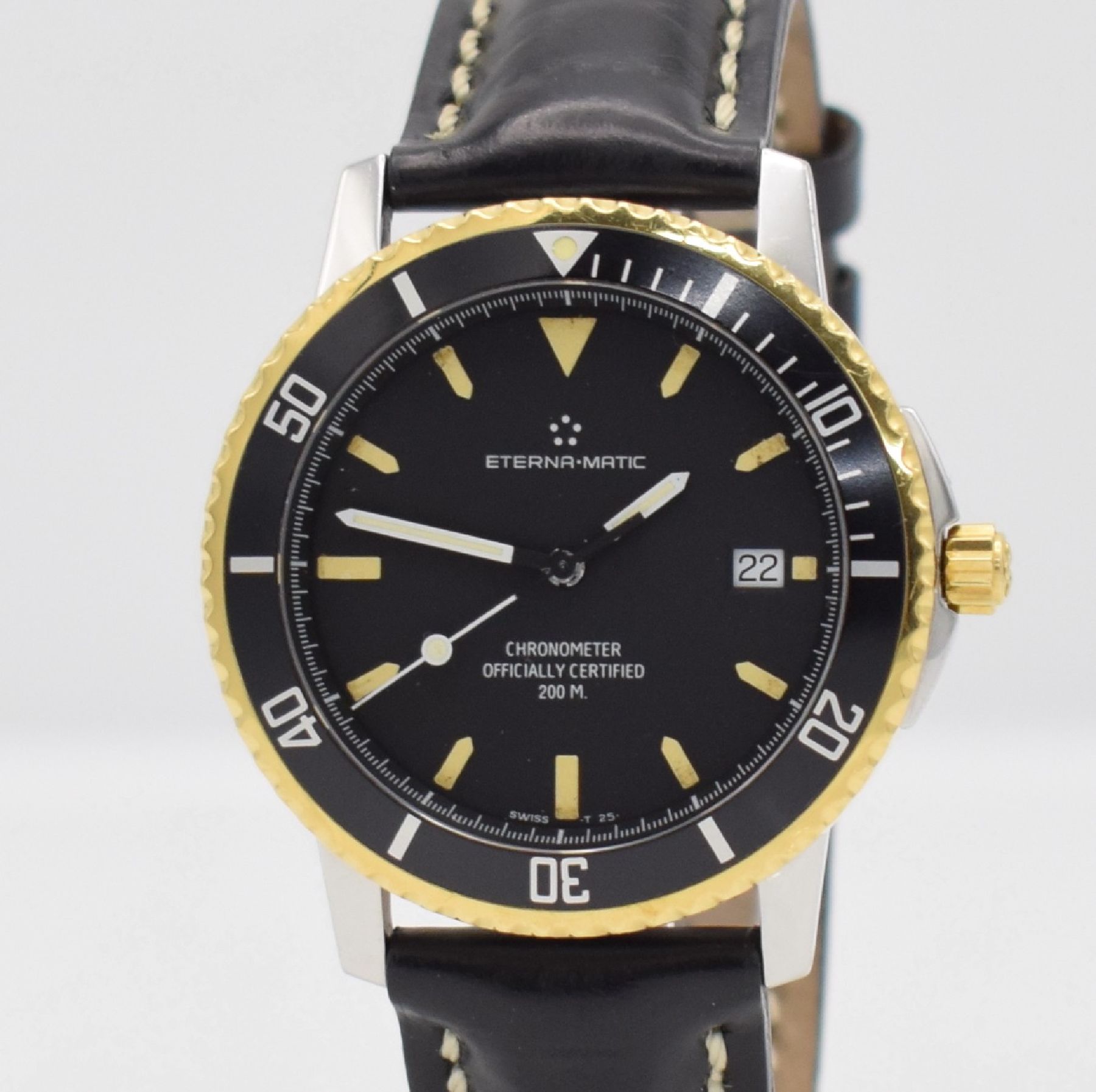 Detail c: ETERNA-MATIC Chronometer Herrenarmbanduhr, Schweiz um 1990, Automatik, Edelstahl/ Gold komb., eins. drehb. Lünette, geschr. Boden m. Widmung, ...