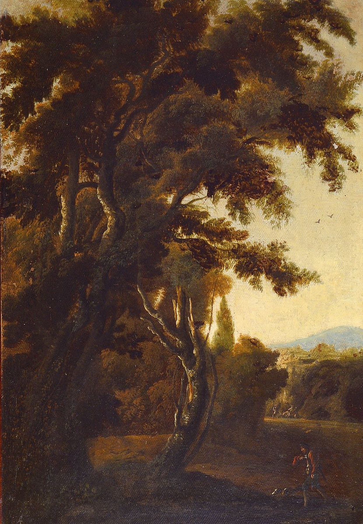 Niederländischer Maler in der Nachfolge des Jan Hackaert, 1. Hälfte 18. Jh., Waldlandschaft mit Jäger und Hund, Öl/Lwd, rest., doubliert, ca. ...