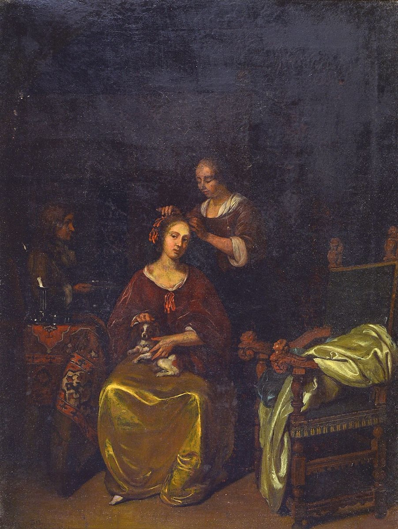Paul Poetzsch, 1858-1936 Dresden, Kopie nach einem Gemälde von Caspar Netscher (1639 Heidelberg-1684 Den Haag), Dame bei der Morgentoilette, ...