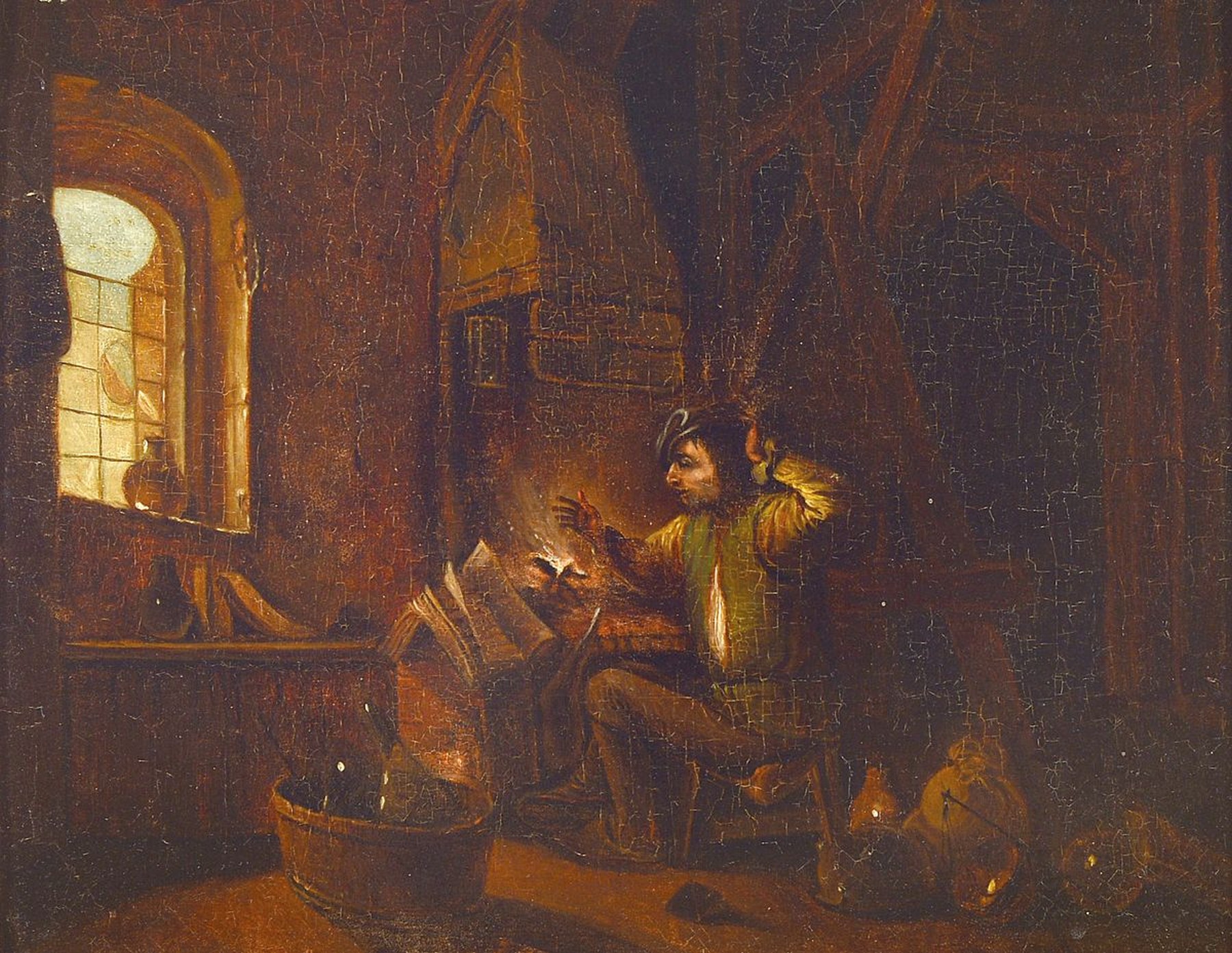 Unbekannter niederländischer Maler des 19. Jh., nach dem Vorbild des 17. Jh., Studierender mit aufgeschlagenem Buch an der Feuerstelle, Öl/Holz, ...