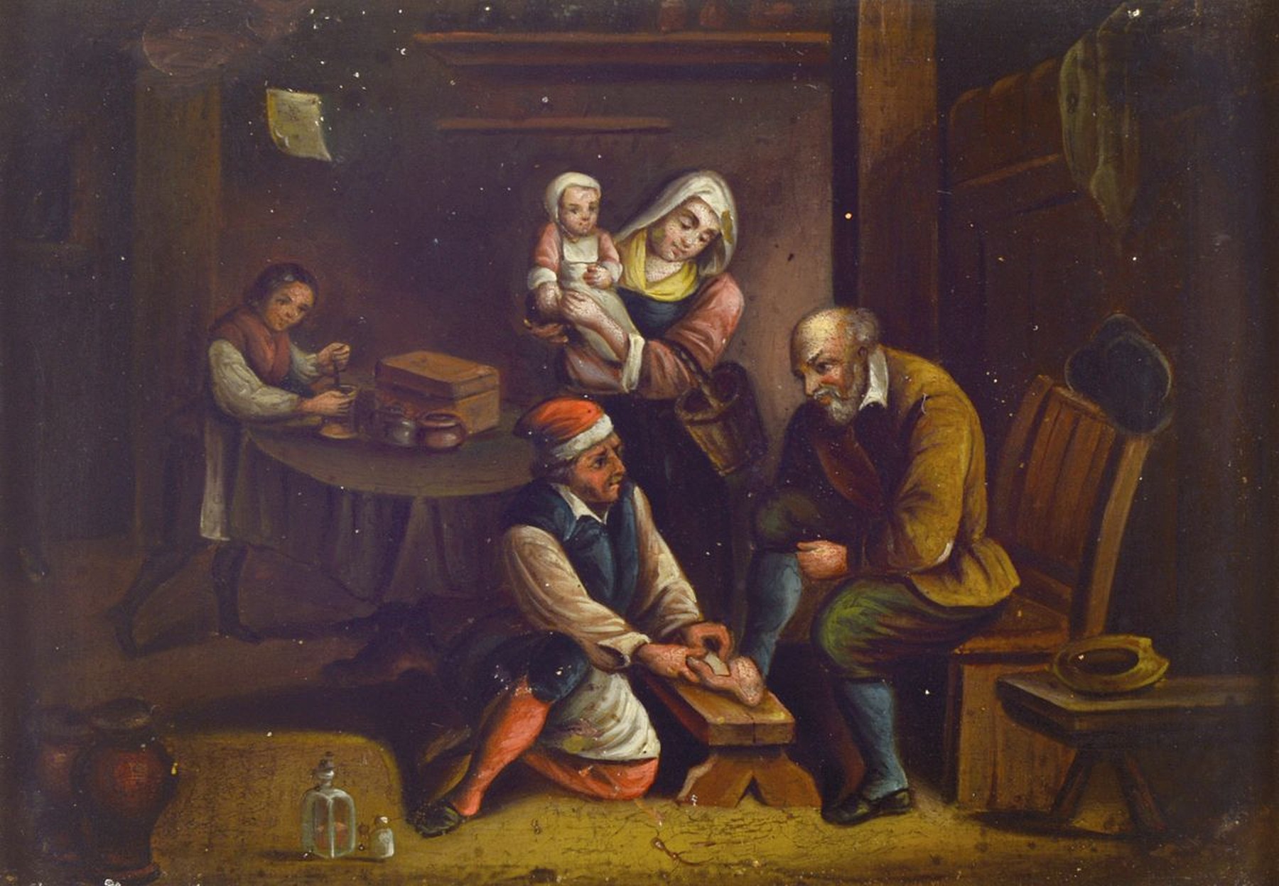 Unbekannter Künstler, deutsch, um 1820-30, in der Art des David Tenier, Interieur mit einem Arzt bei der Behandlung eines Fußkranken, dahinter Frau ...