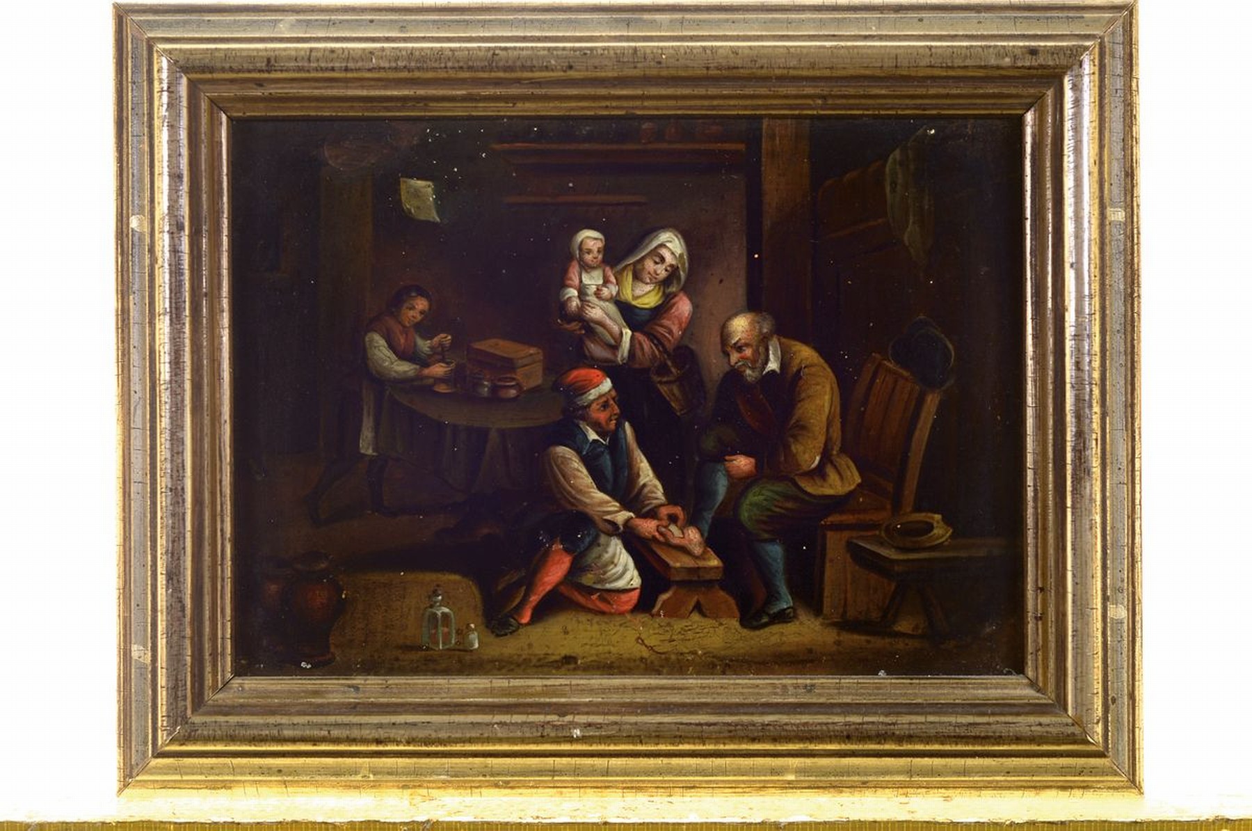 Detail k: Unbekannter Künstler, deutsch, um 1820-30, in der Art des David Tenier, Interieur mit einem Arzt bei der Behandlung eines Fußkranken, dahinter Frau ...
