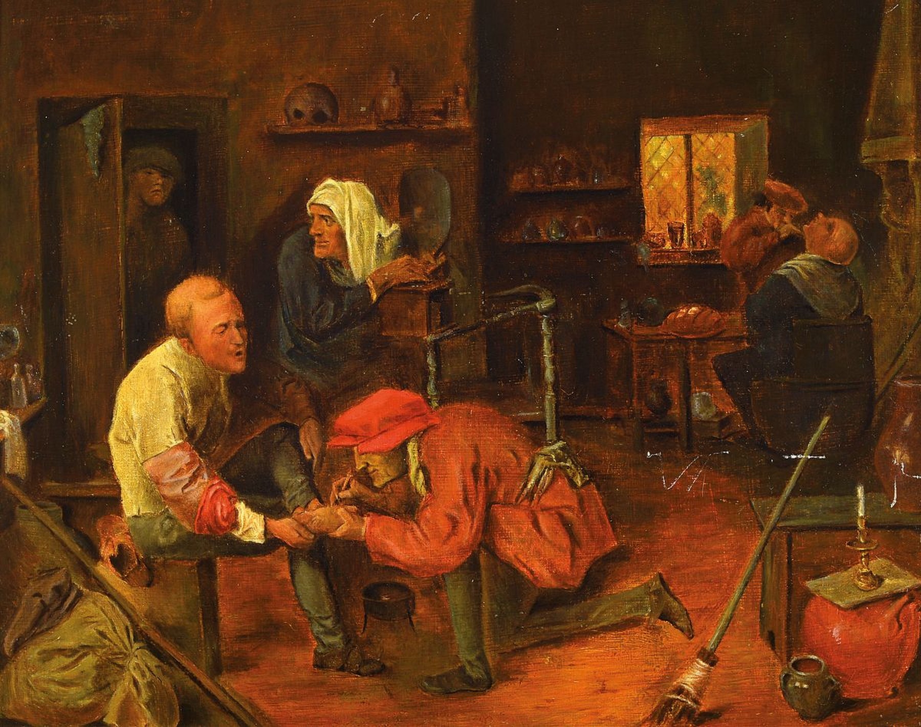 Unbekannter Künstler des 19. Jh., Interieur mit Arzt oder Bader bei einem Fuß- und einem Halskranken, Öl/Sperrholz, unsigniert, ca. 30x39cm, R. ...